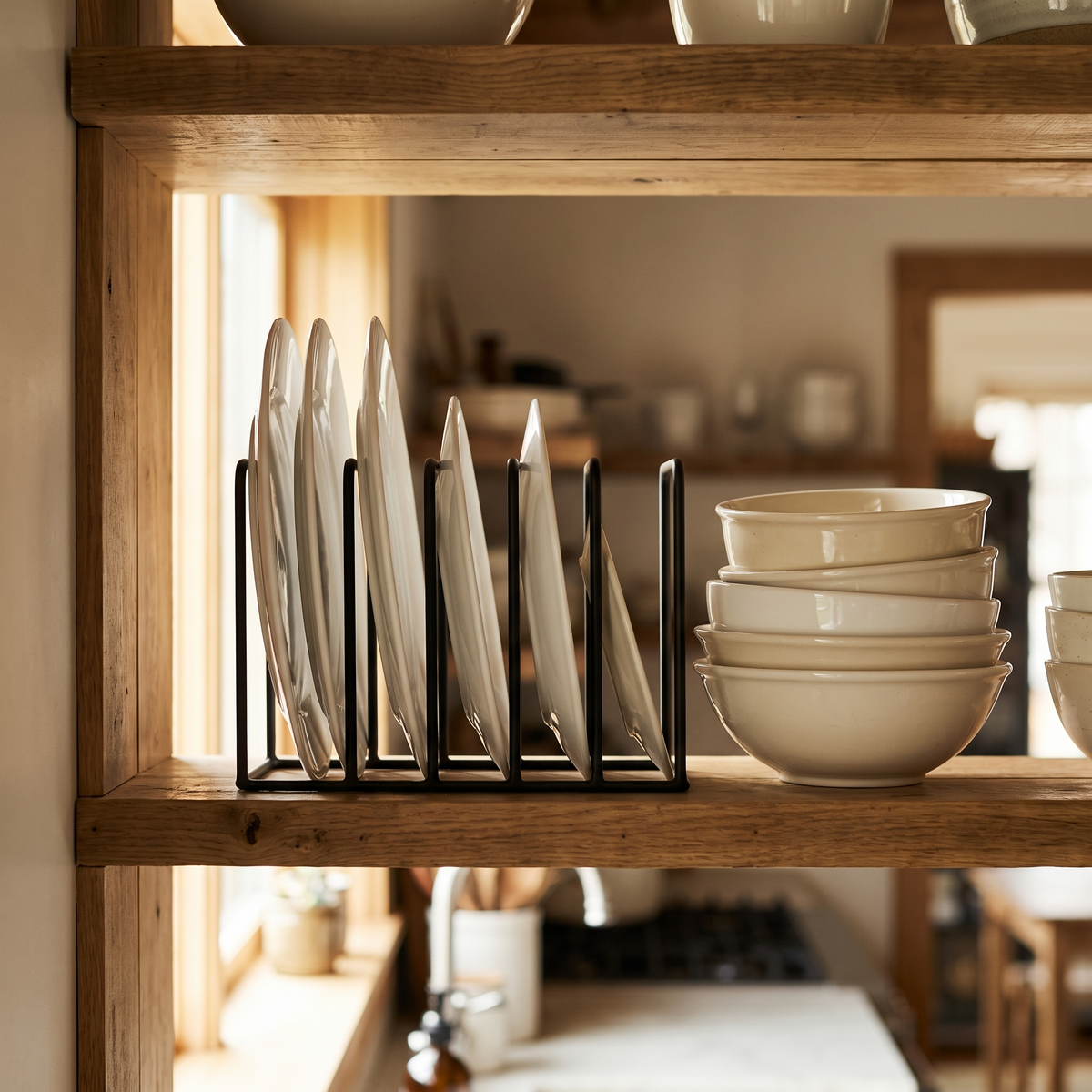 Black iron plate rack holding plates on edge on an open kitchen shelf
