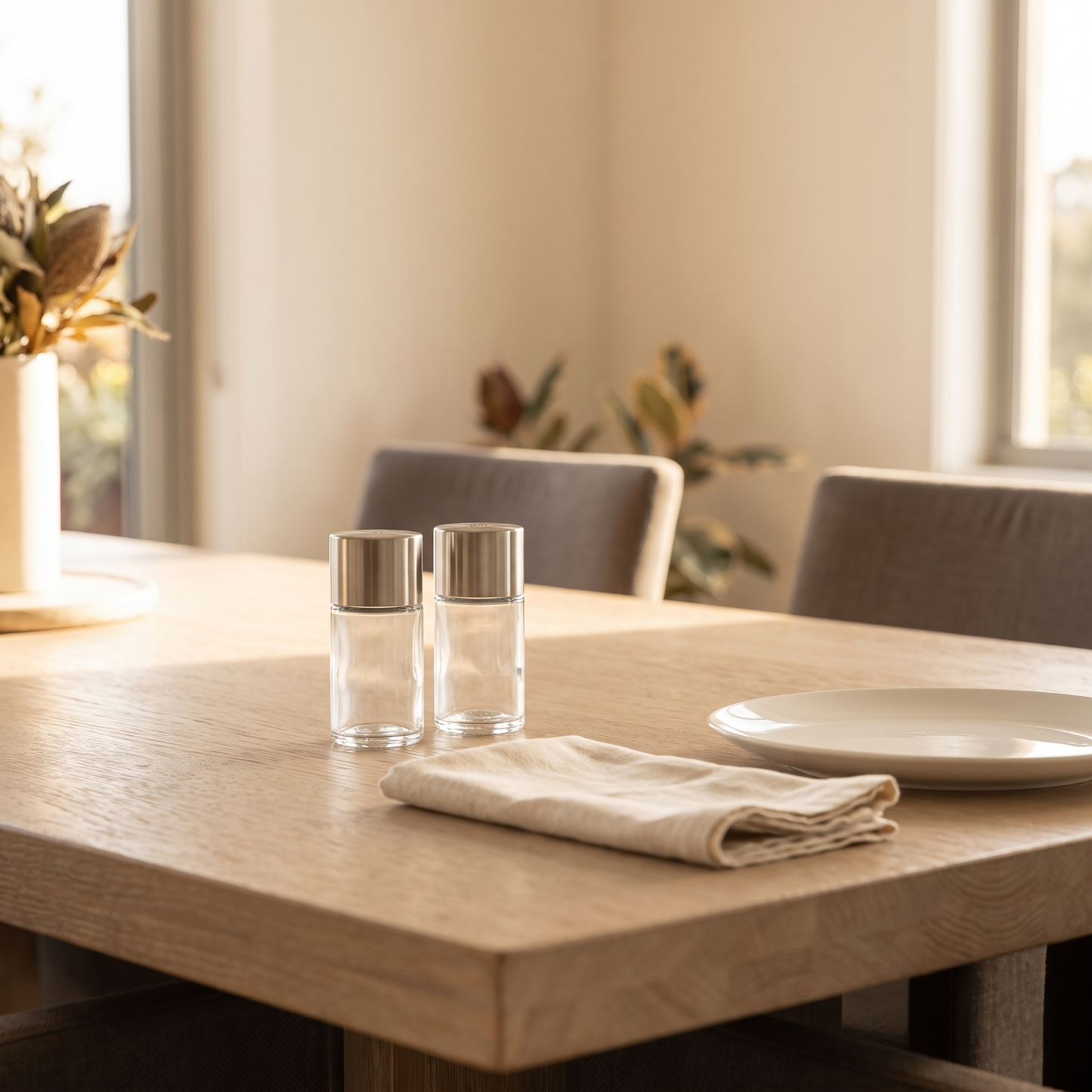Glass salt and pepper shakers on an oak dining table
