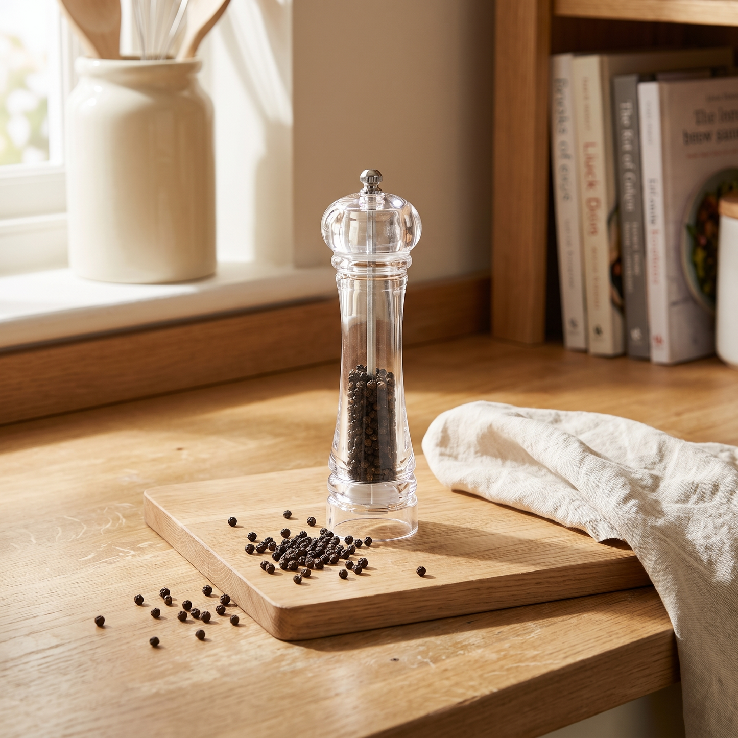 Clear acrylic pepper mill on a wooden chopping board with peppercorns
