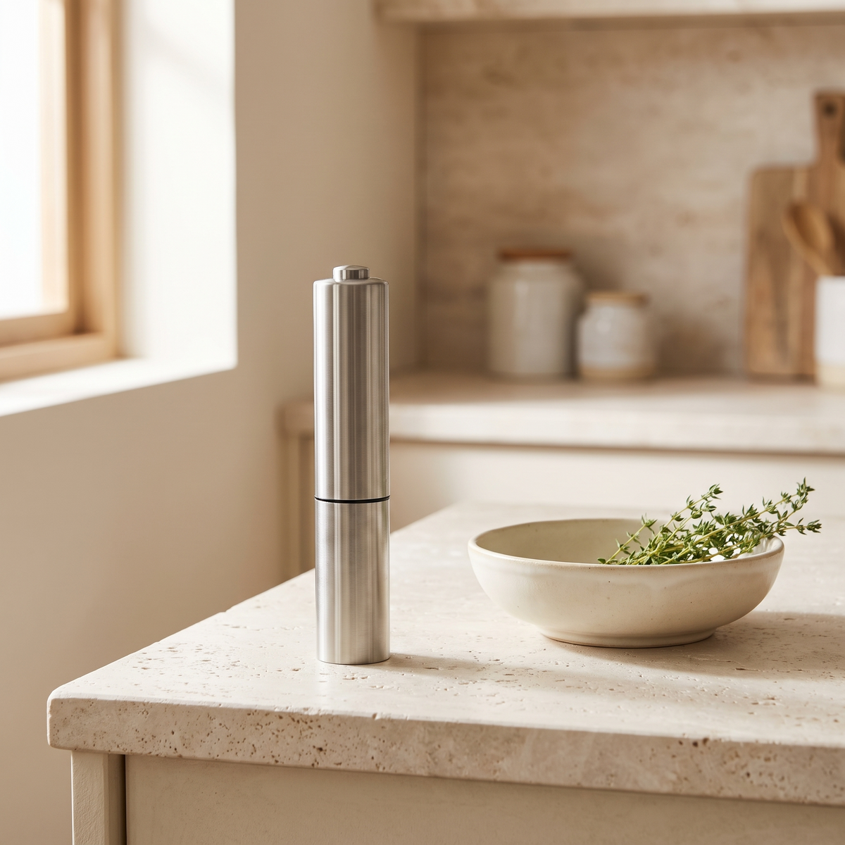 Stainless steel electric grinder on a stone kitchen counter