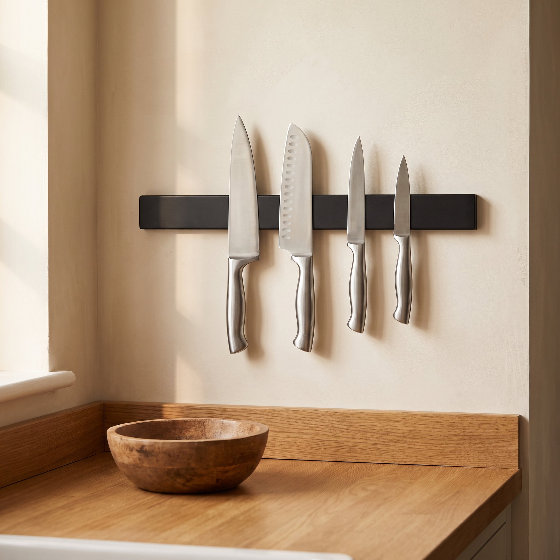 Matt black magnetic knife strip on a kitchen wall holding four knives