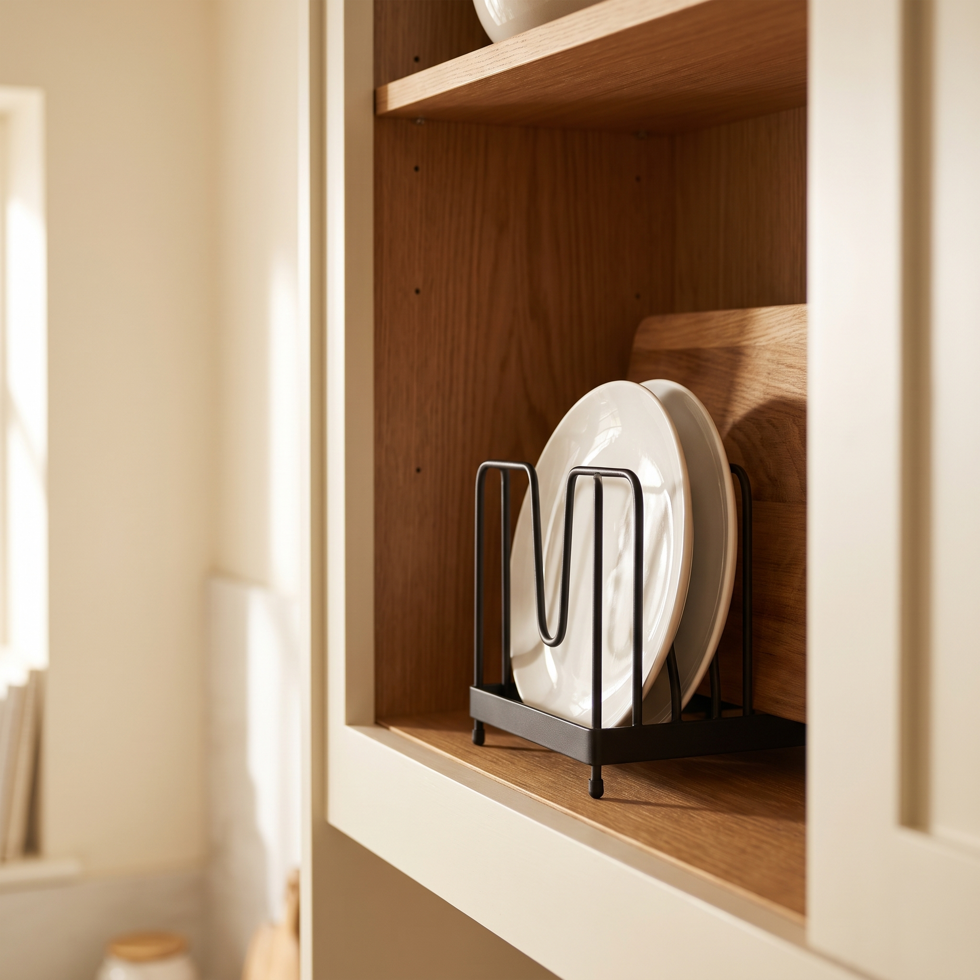 Black iron plate rack standing inside a kitchen cabinet