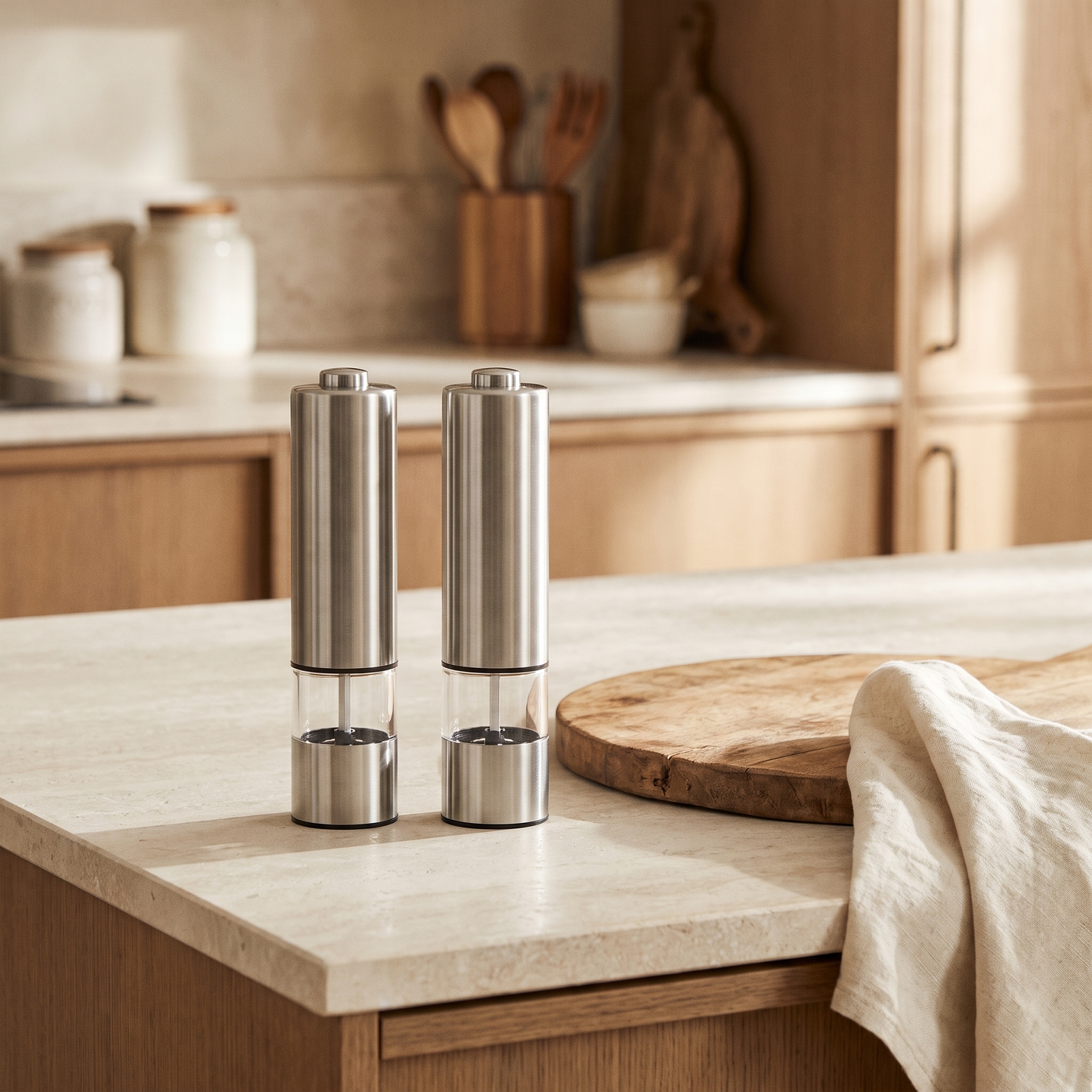 A pair of stainless steel electric salt and pepper grinders