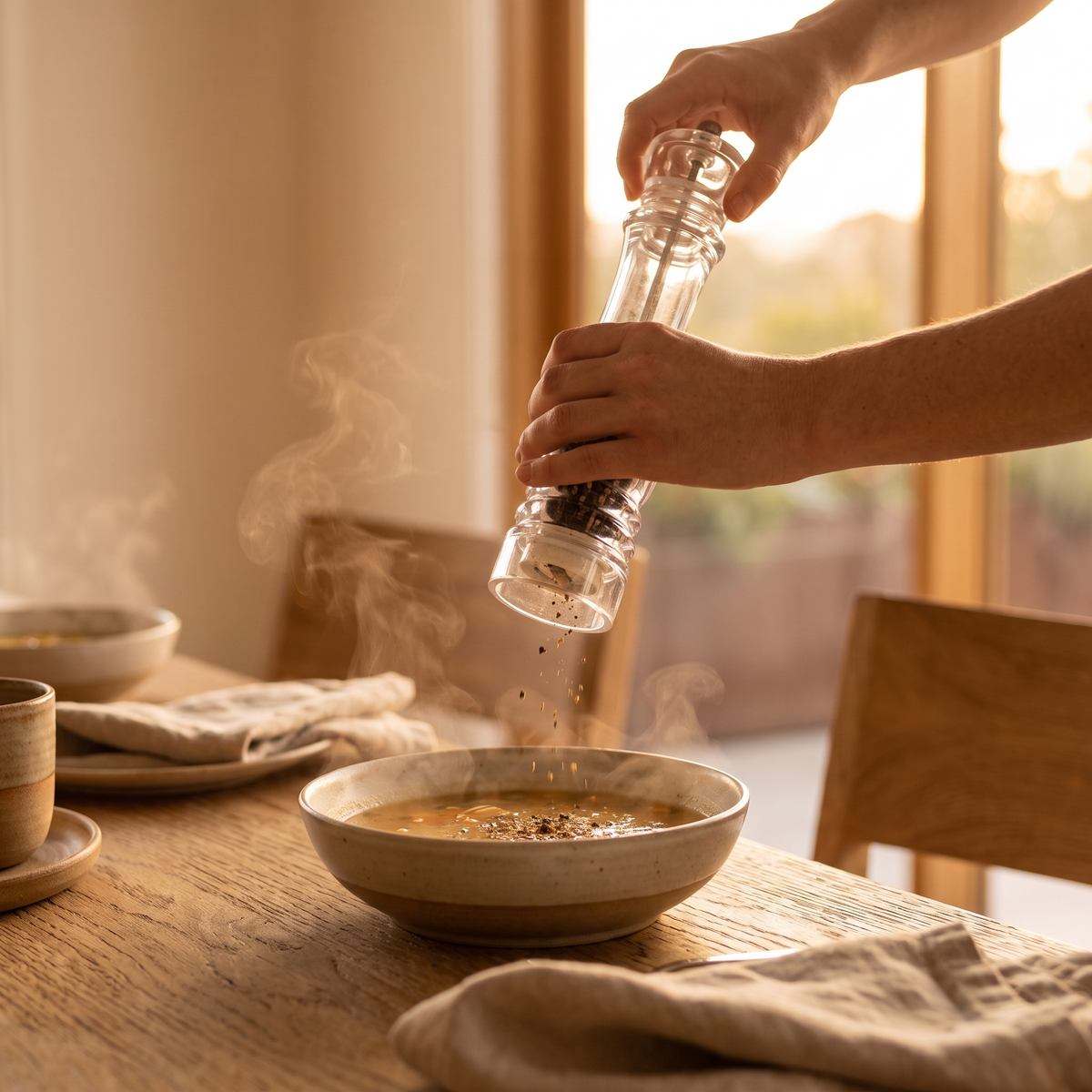 Acrylic pepper mill being ground over a bowl of soup