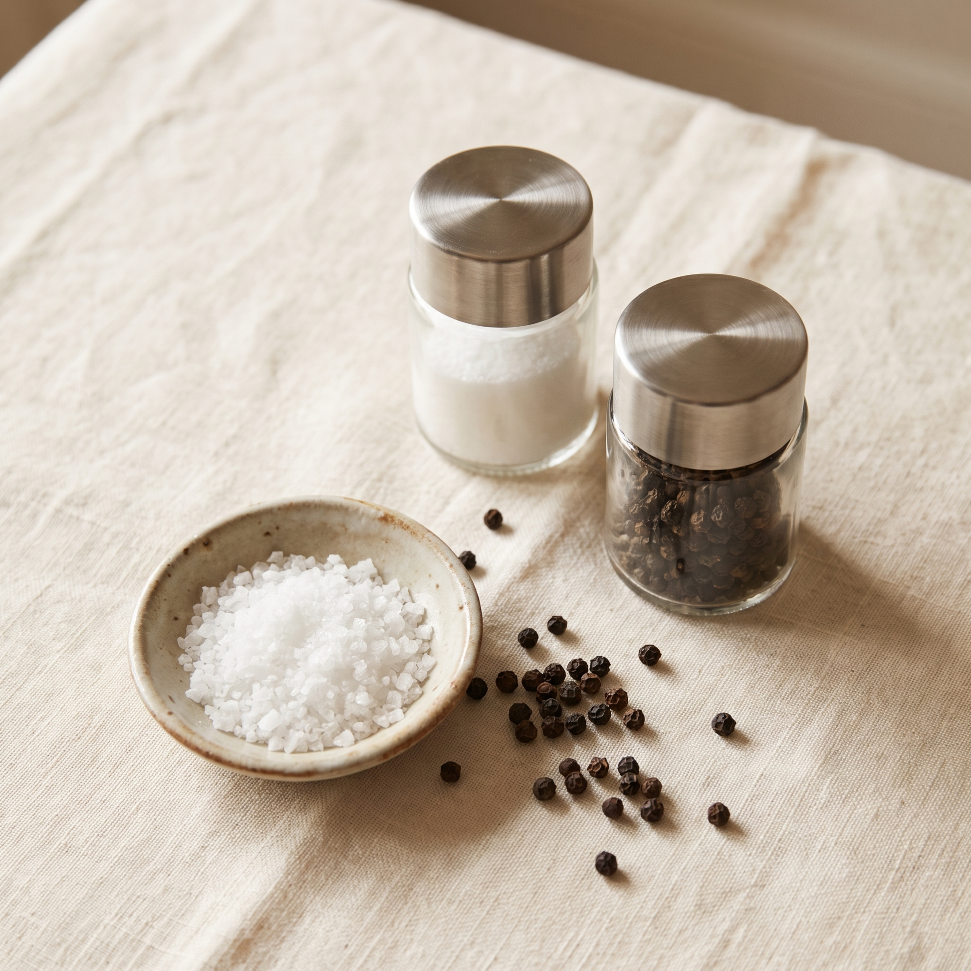 Glass salt and pepper shakers on a linen tablecloth with sea salt and peppercorns