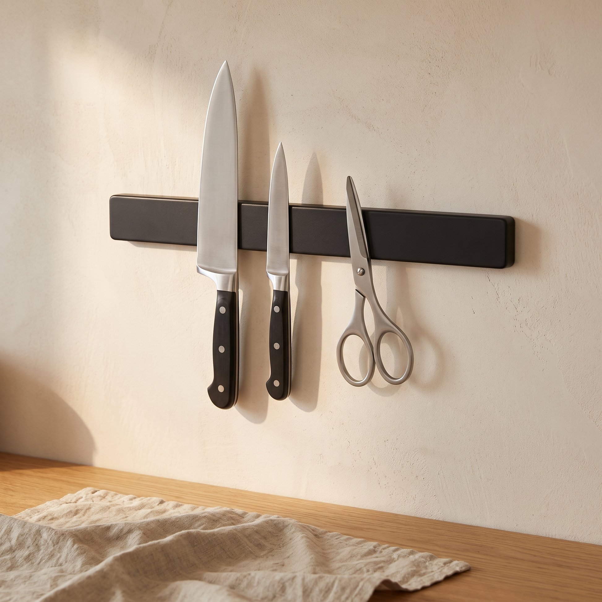 Magnetic knife strip holding knives and kitchen scissors