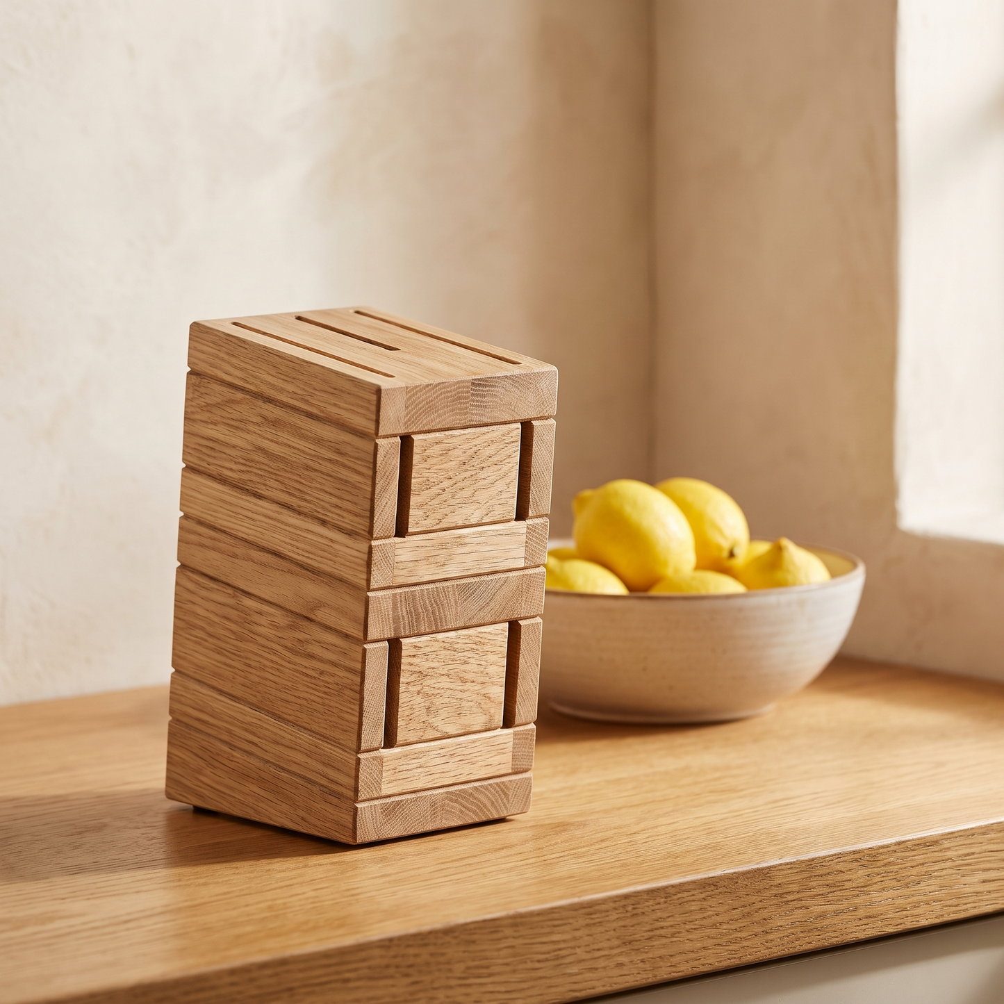 Solid wood slatted knife block on an oak worktop