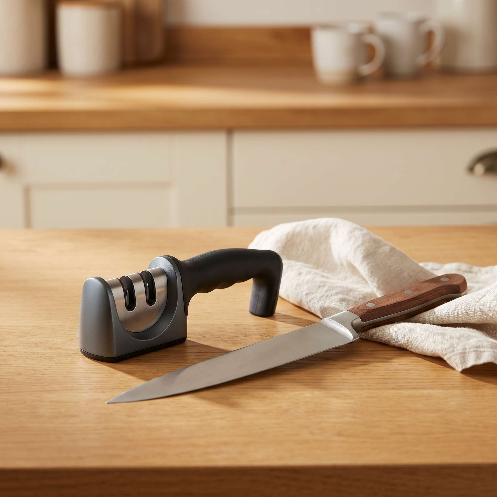 Handheld knife sharpener on an oak worktop beside a chef knife