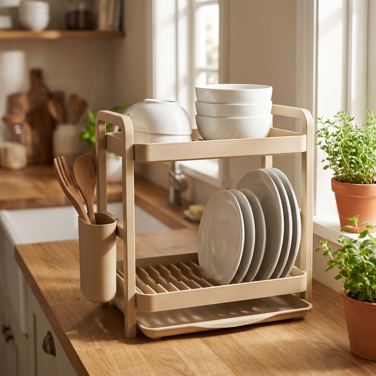 Two tier dish rack in sand beige on a wooden kitchen counter