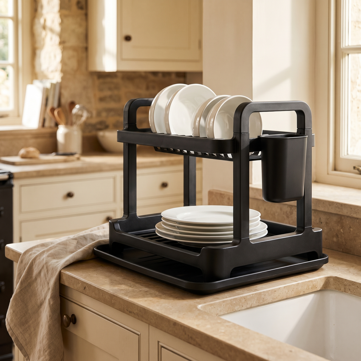 Two tier dish rack in black holding bowls and plates beside a sink