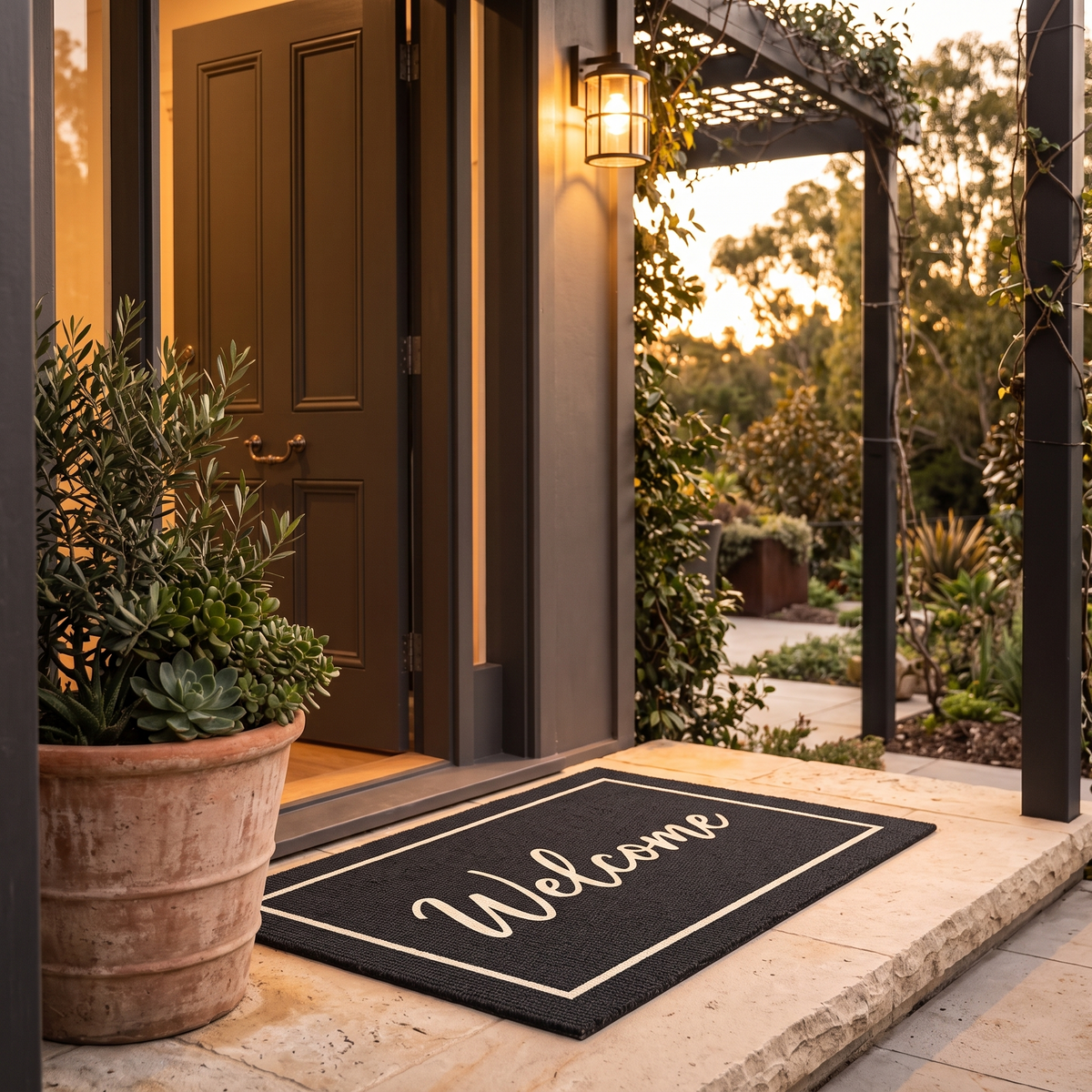 Charcoal Welcome doormat on a stone step by an open door
