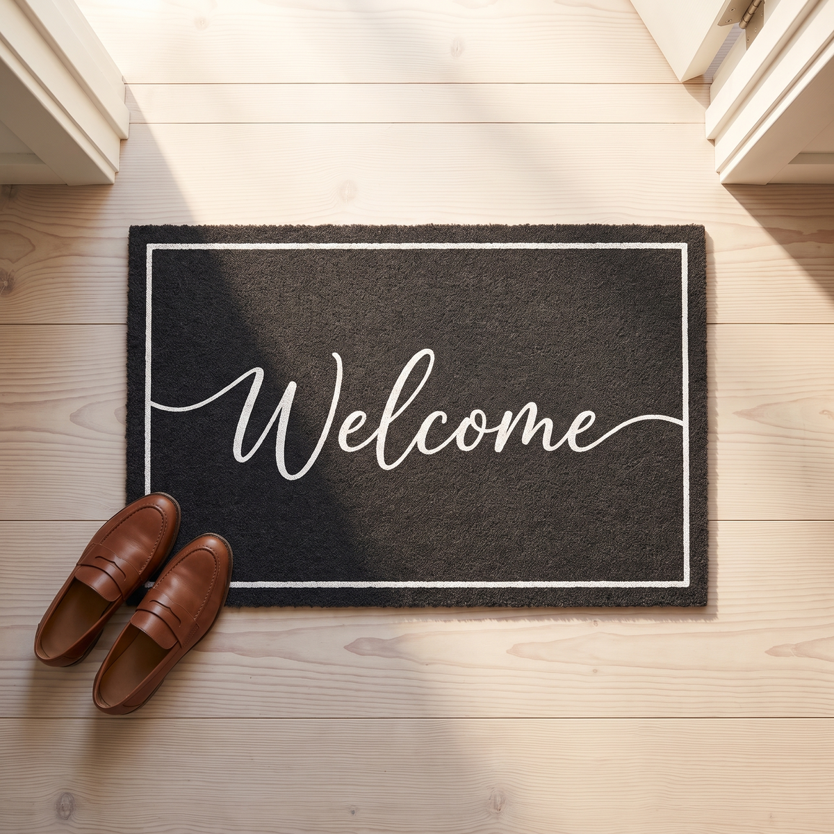 Charcoal doormat with Welcome in white script on a hallway floor