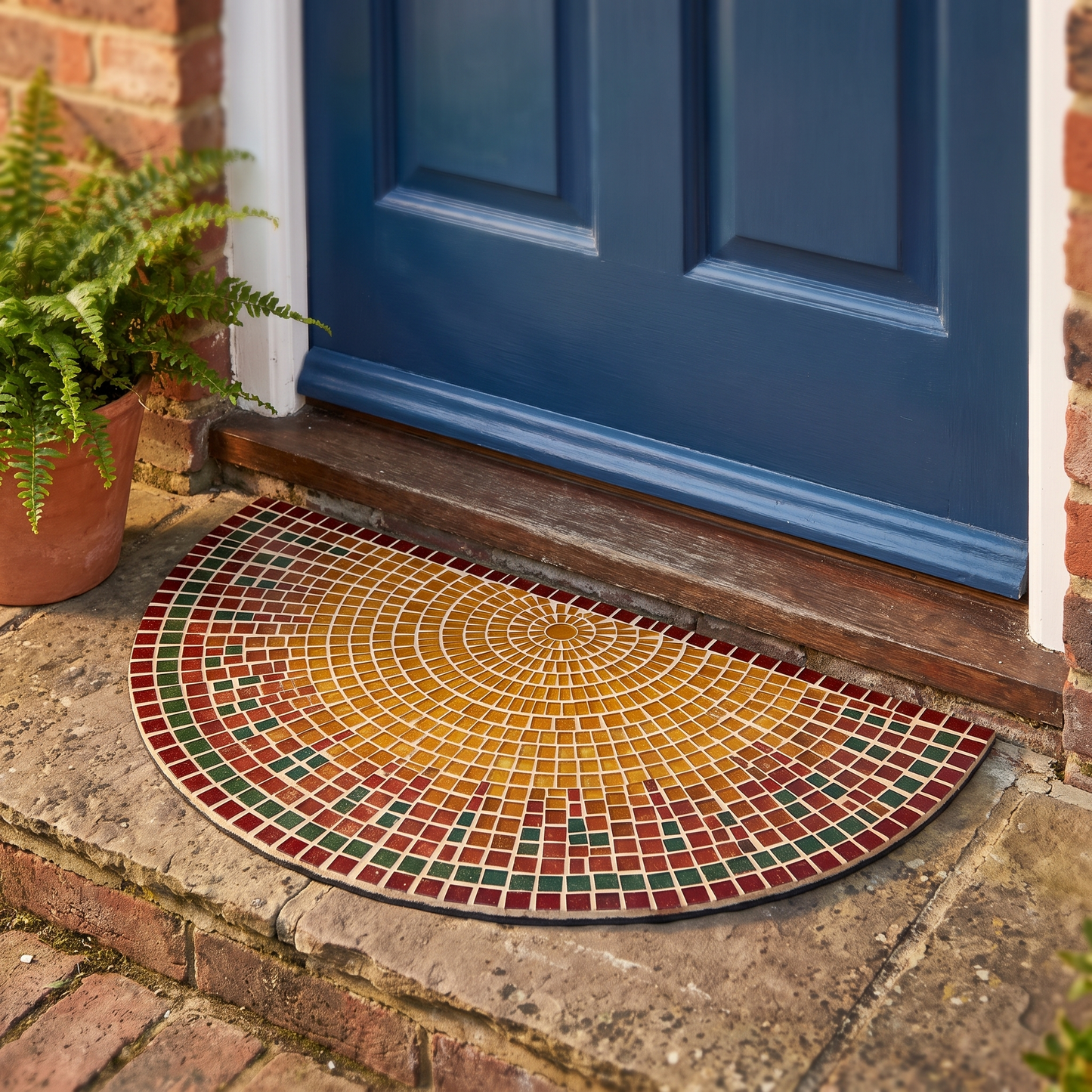 Half round mosaic doormat at a painted front door