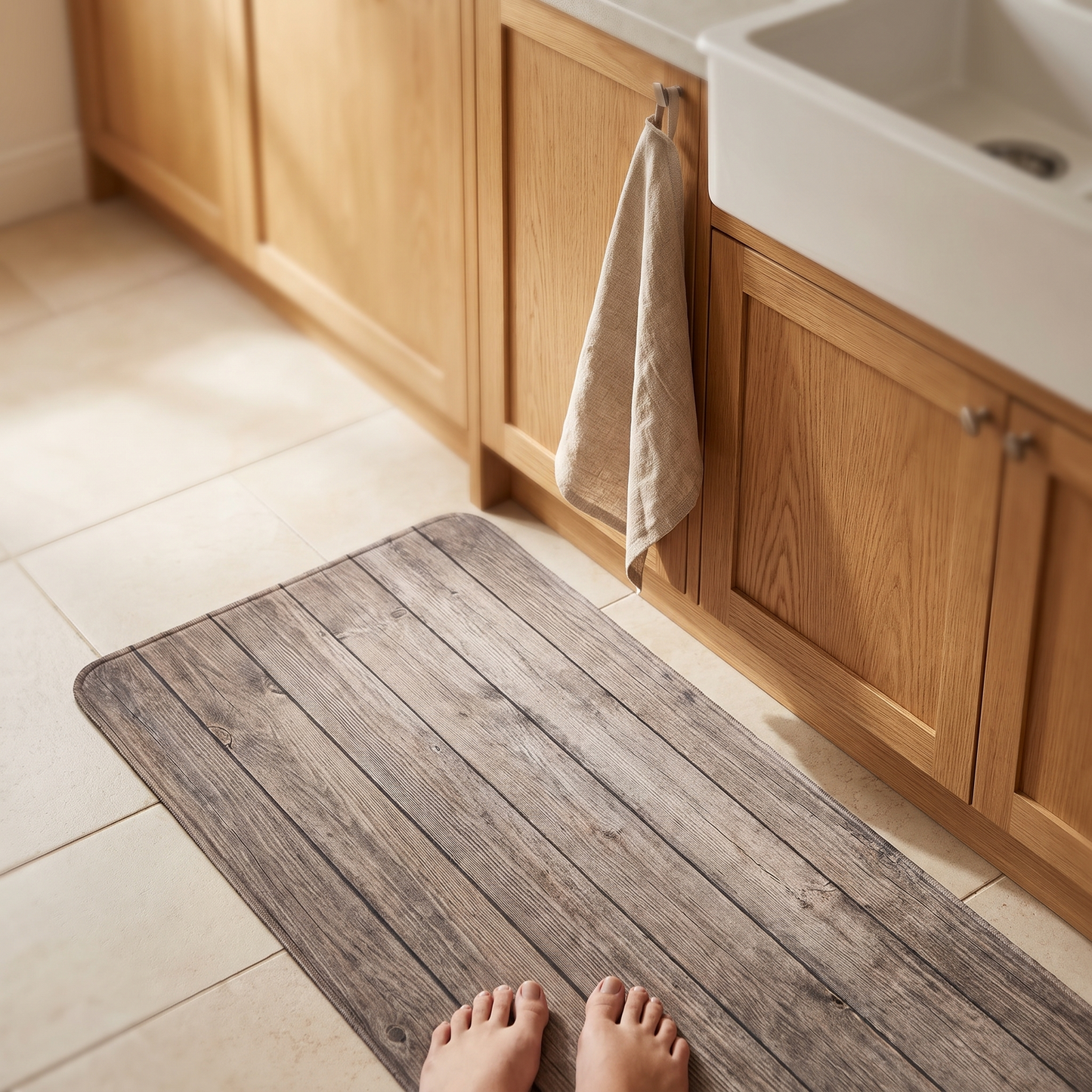 Weathered plank print mat in front of a kitchen sink