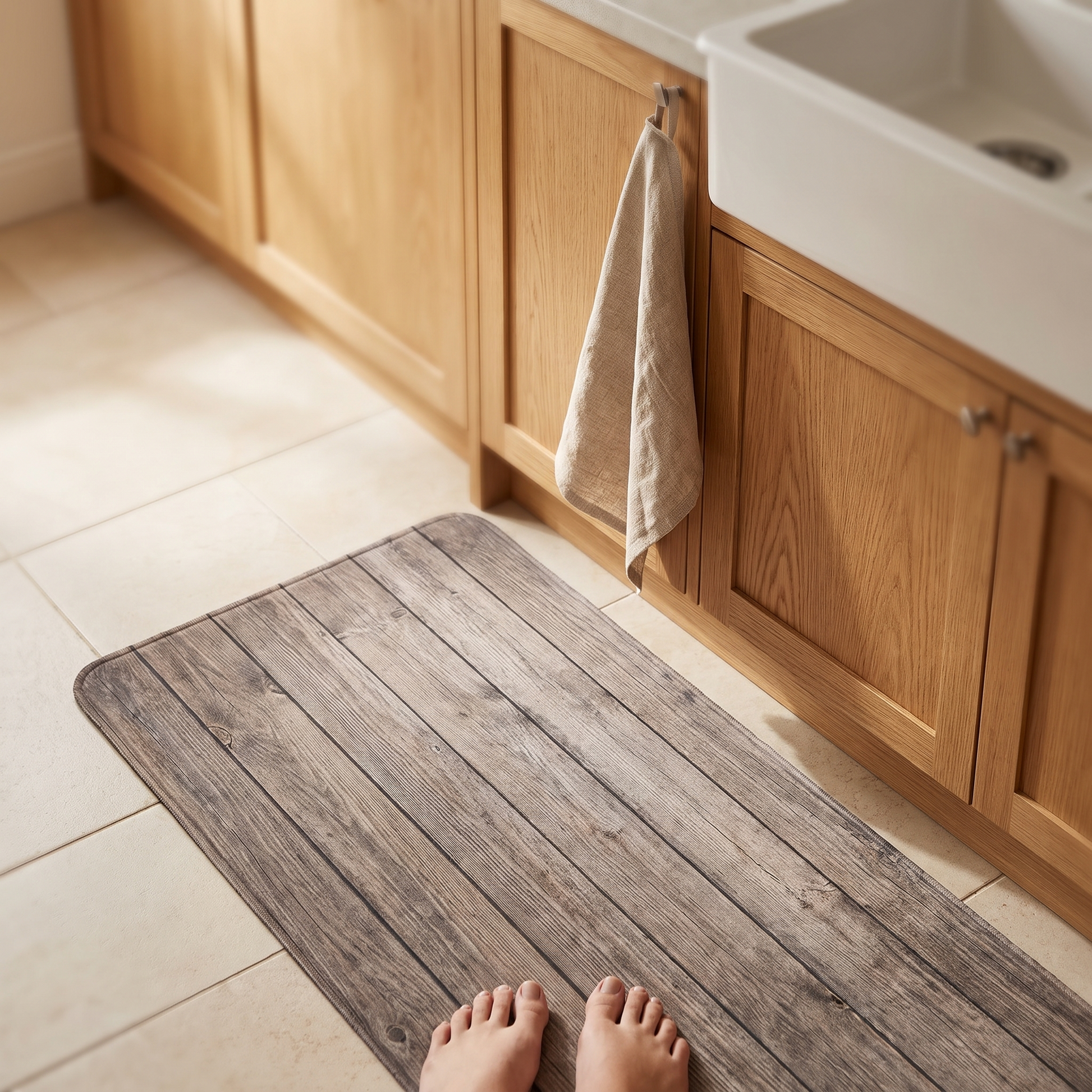 Weathered plank print mat in front of a kitchen sink
