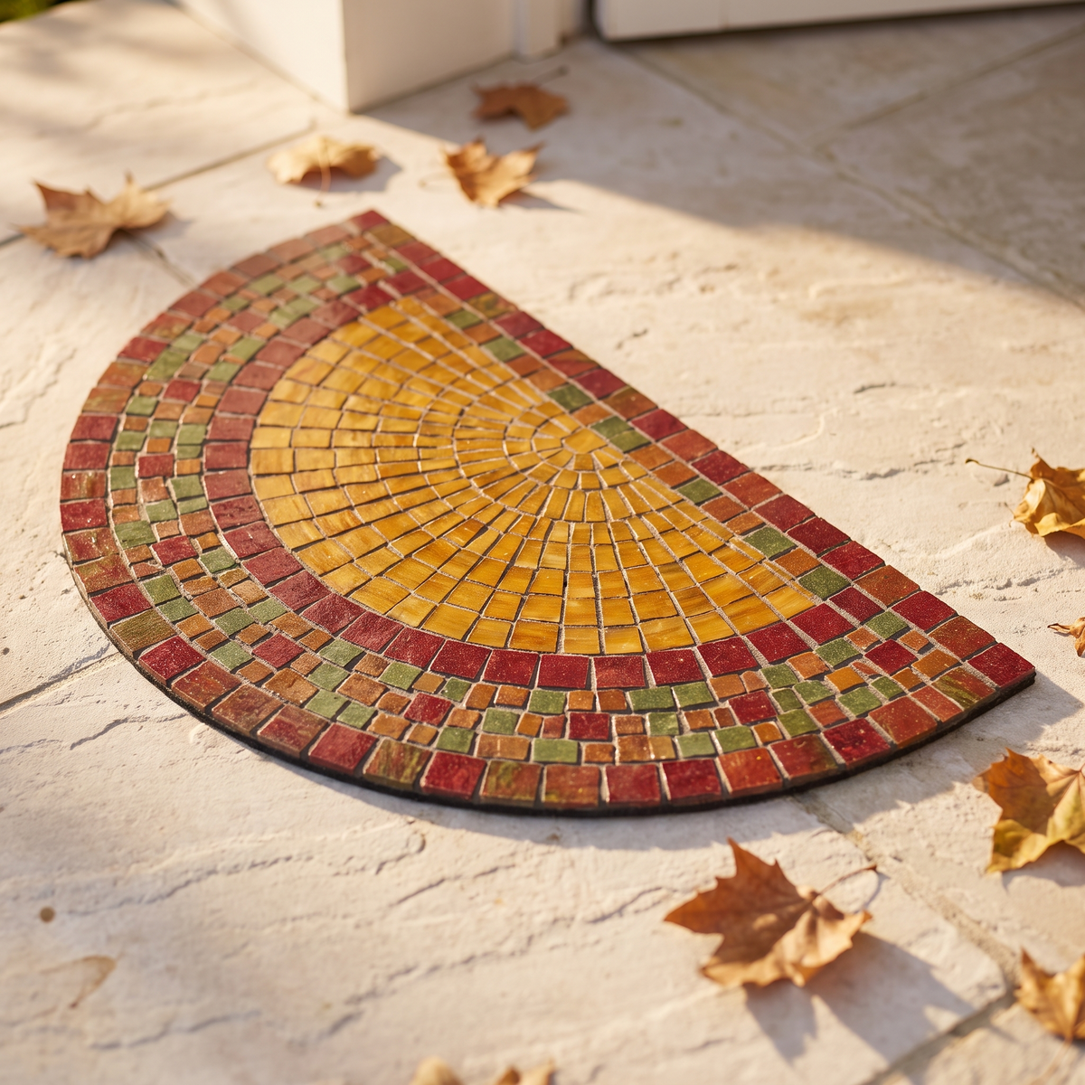 Half round mosaic doormat seen from above on a stone porch