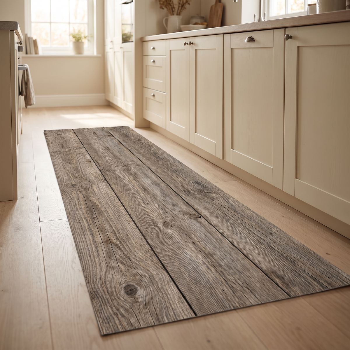 Weathered plank print runner mat along a cream kitchen