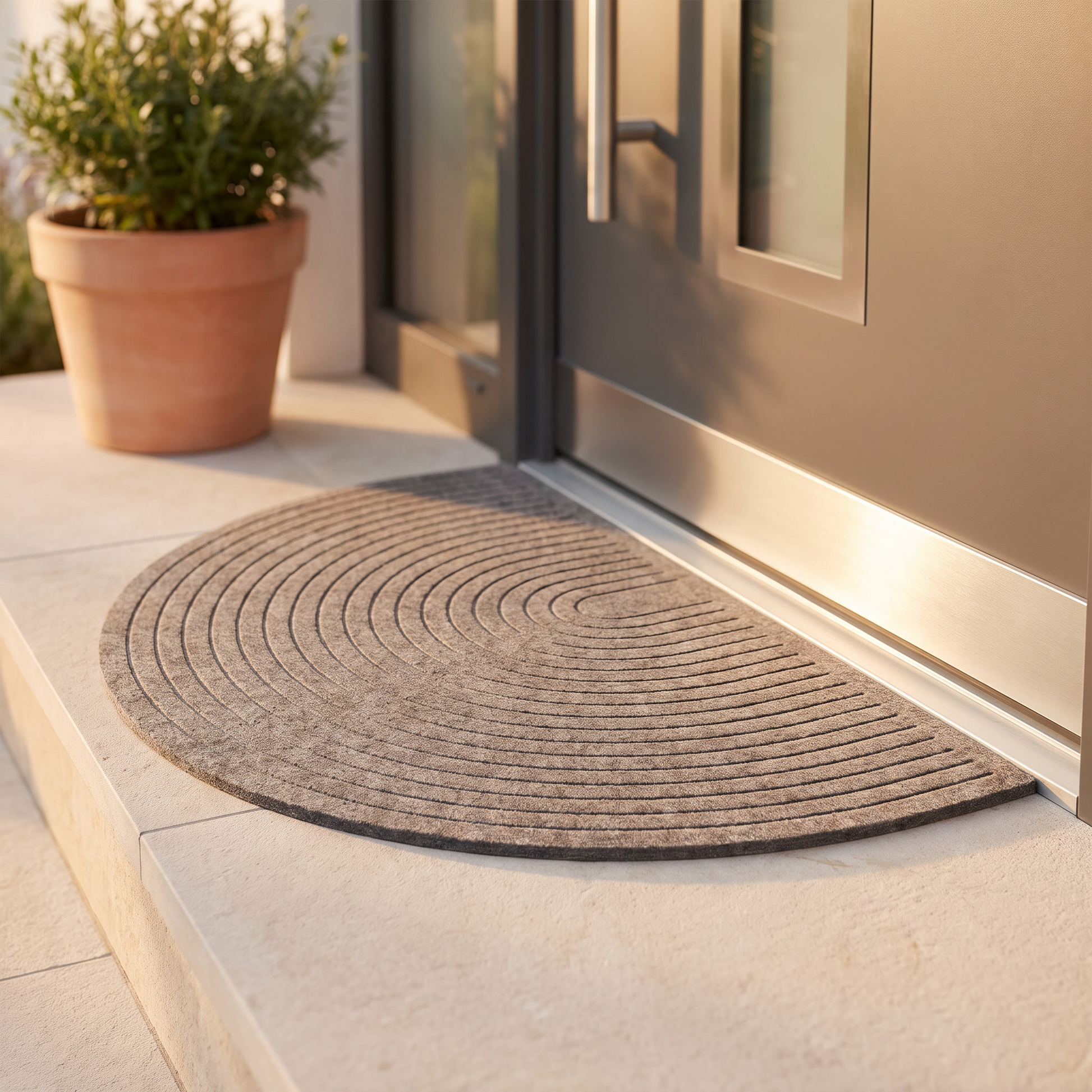Half round felt doormat with concentric arc lines at a front door