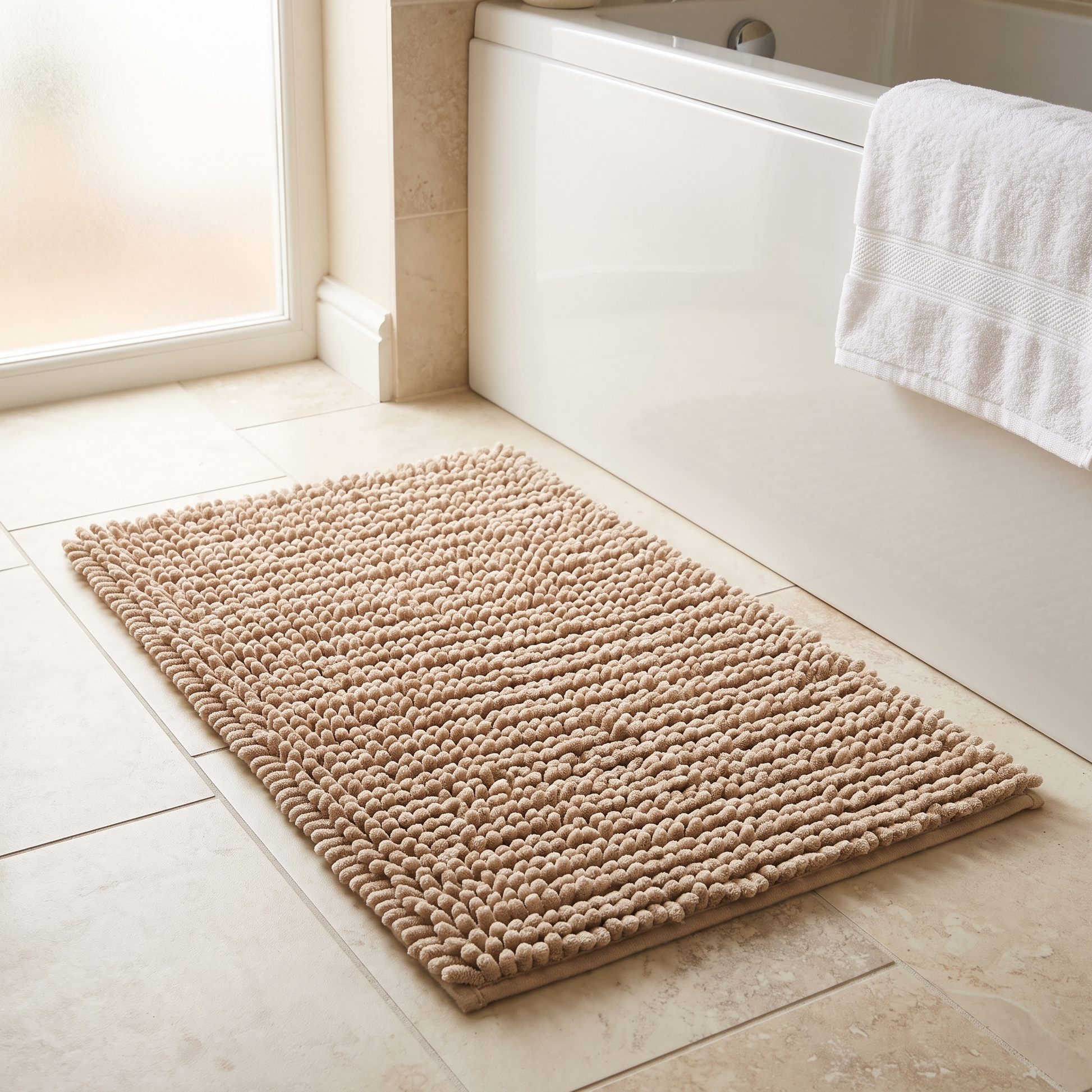 Sand chenille bath mat beside a white bath
