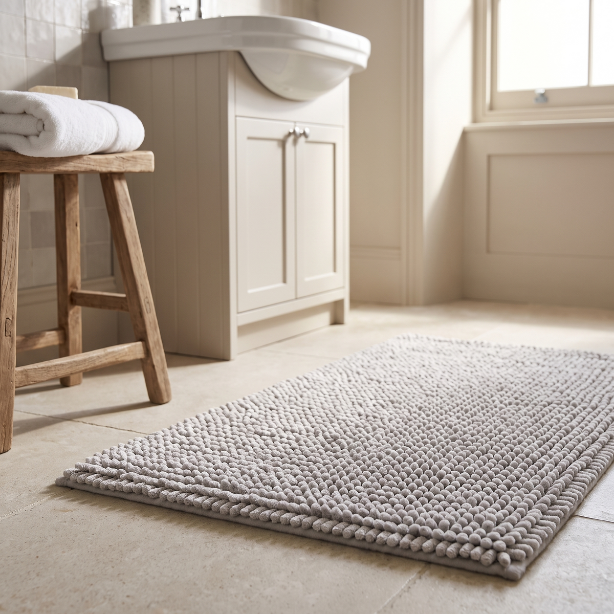 Ash grey chenille bath mat in front of a basin