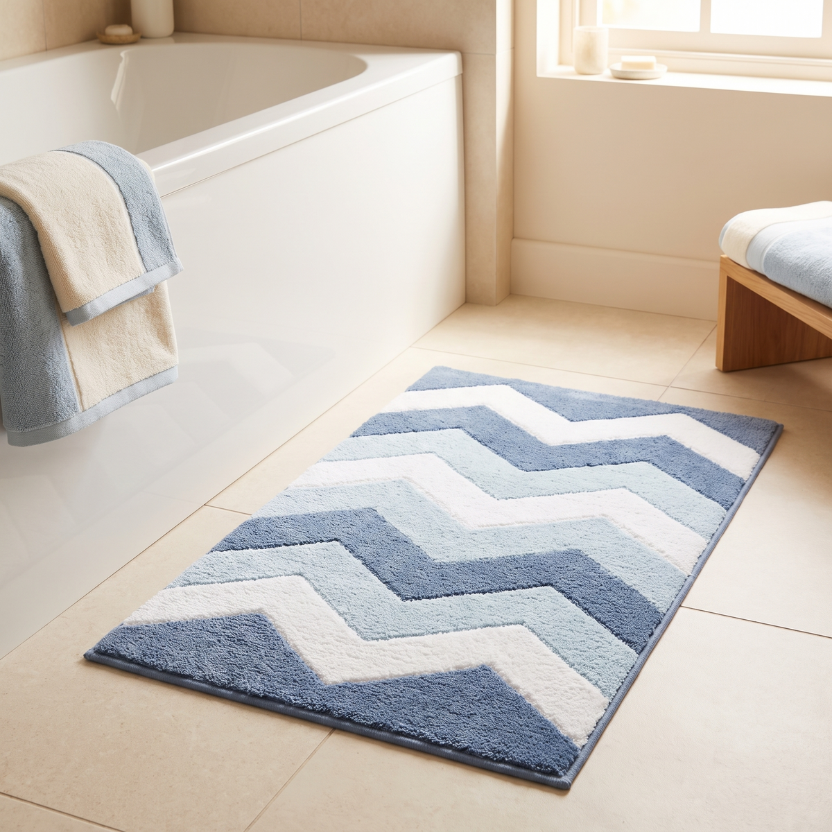 Blue and white chevron flocked bath mat beside a bath