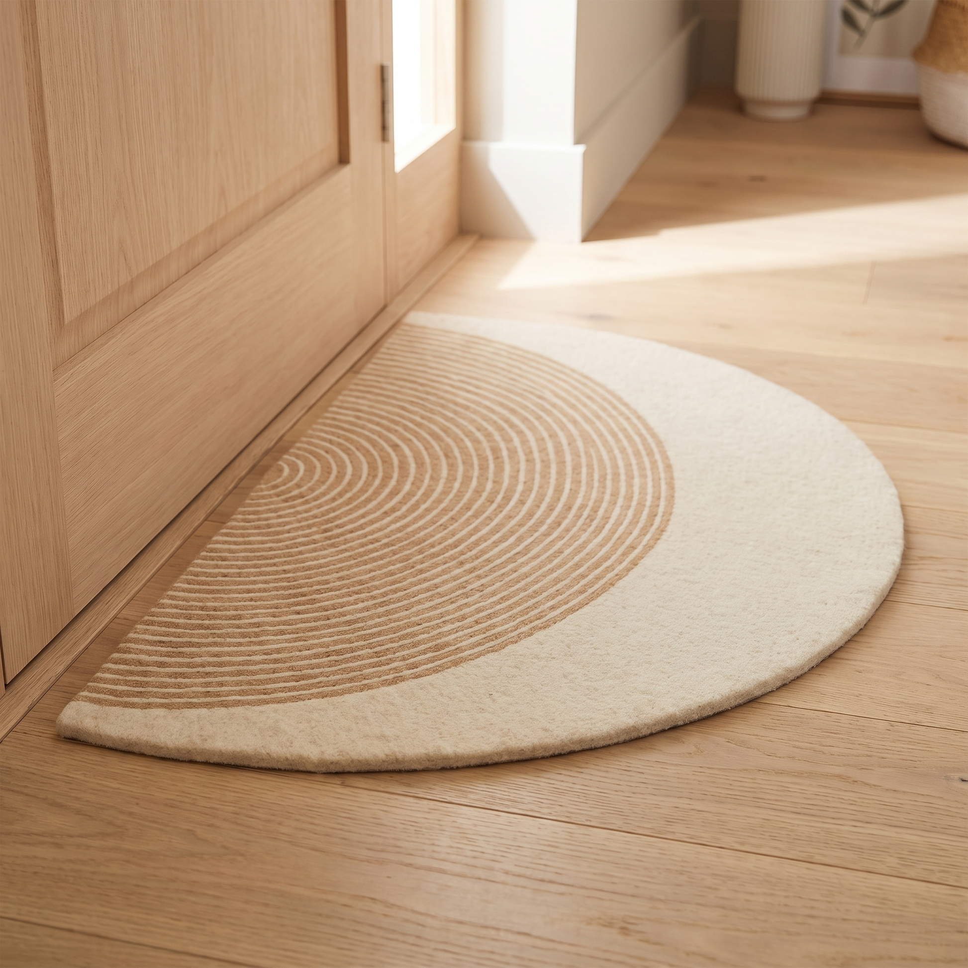 Cream and tan half round felt doormat on a wooden hallway floor