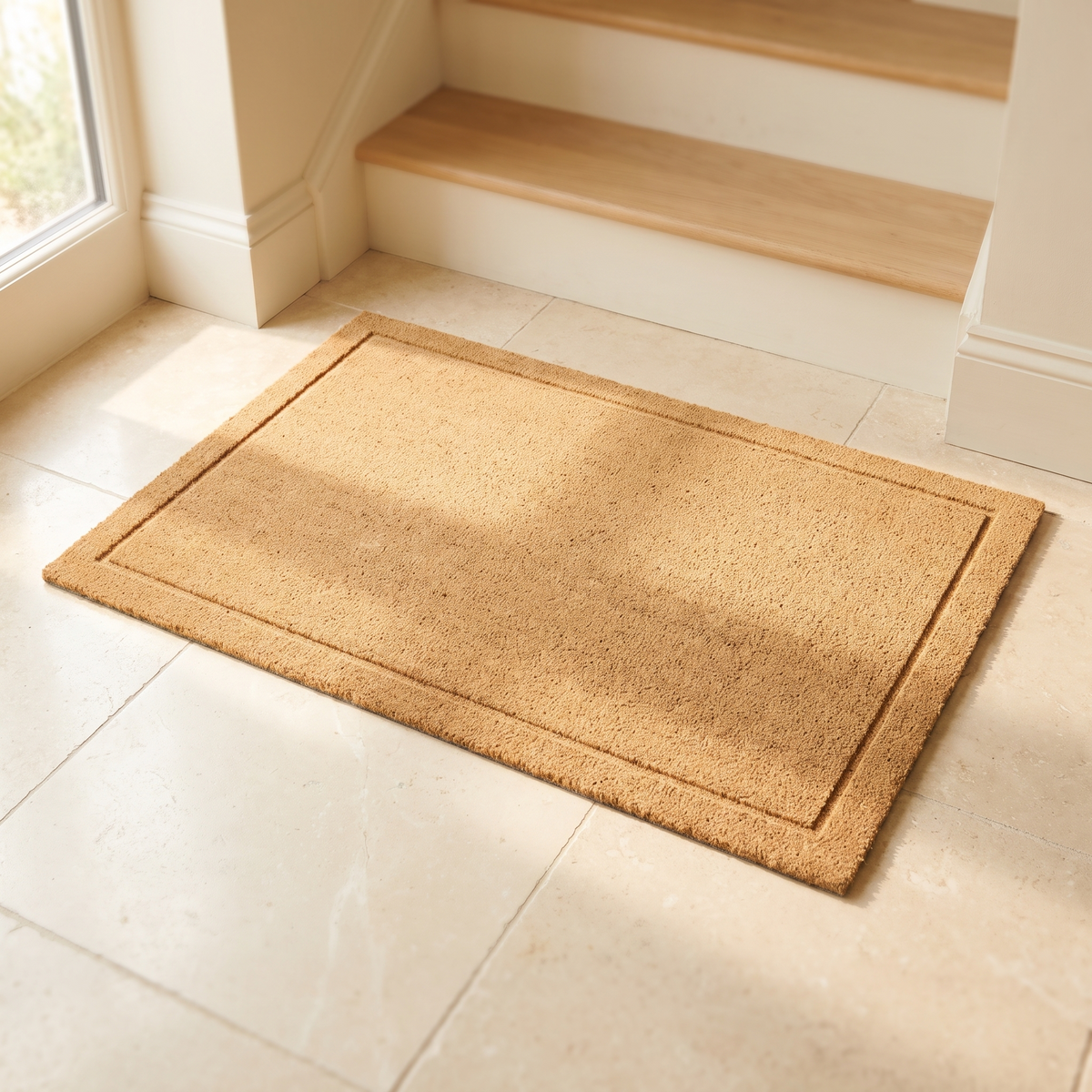 Plain sand bordered doormat at the foot of a staircase