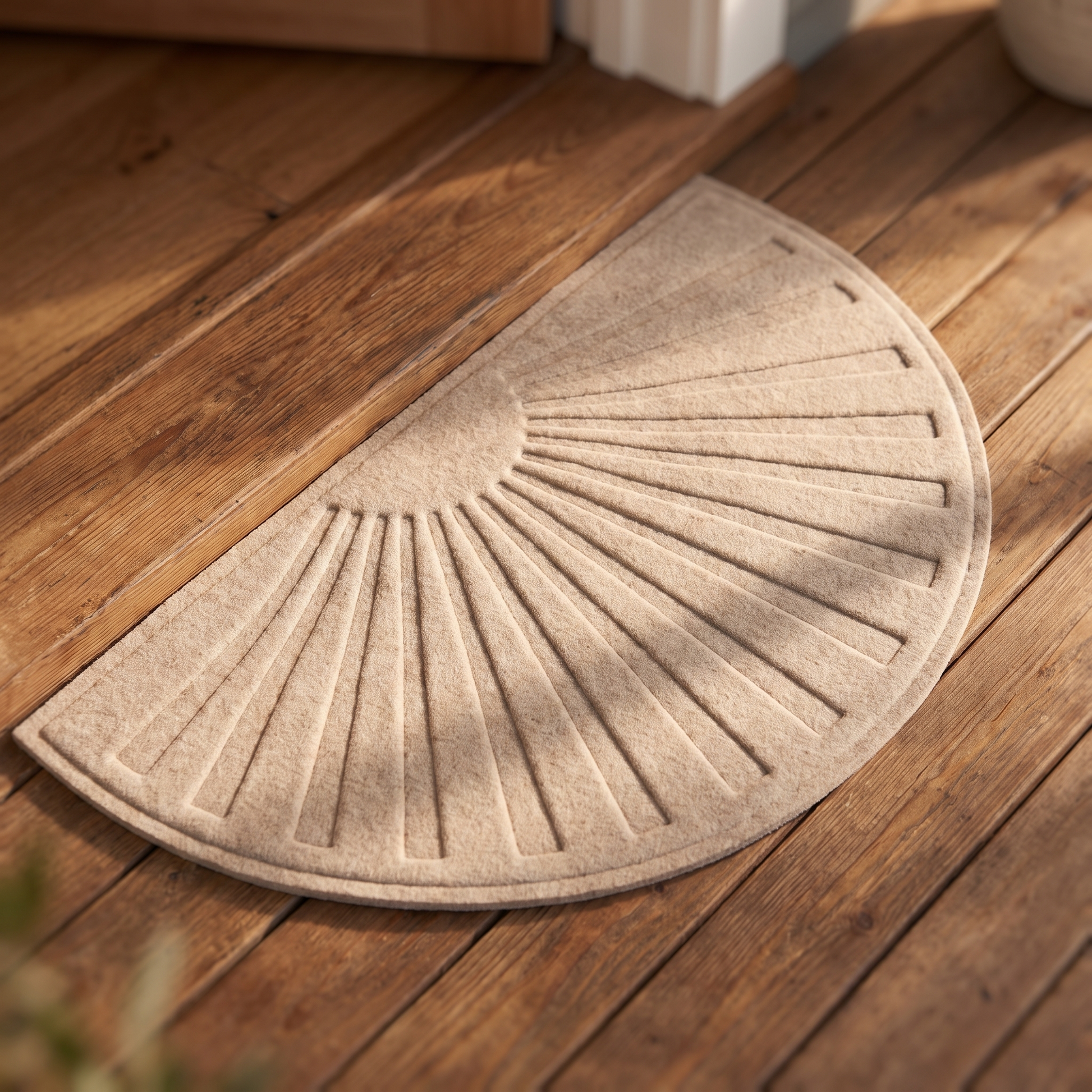 Pale tan half round doormat with an embossed sunburst on a wooden porch