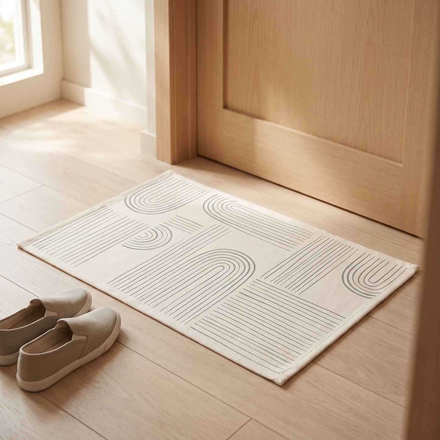 Cream Nordic line doormat with drawn arcs by a hallway door