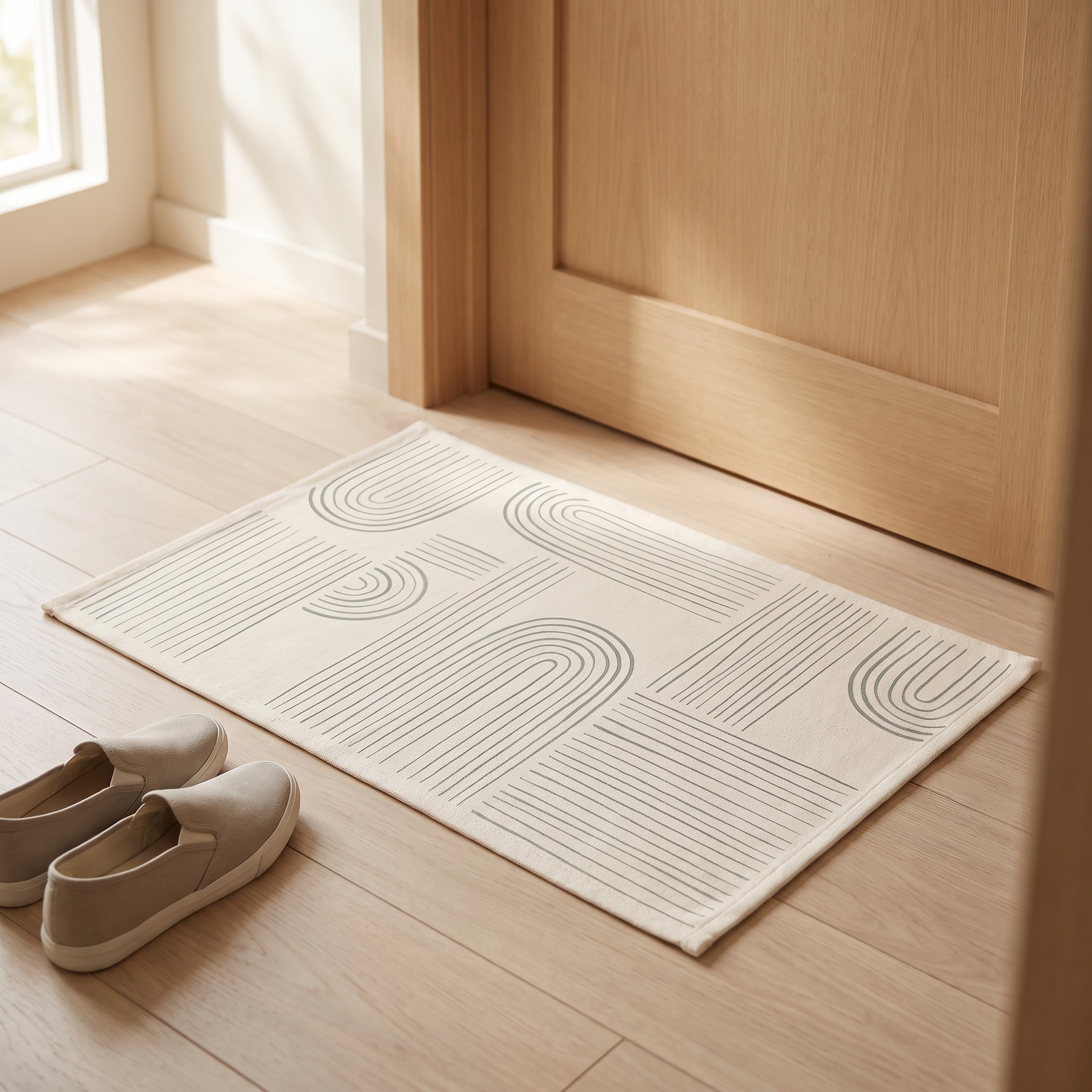 Cream Nordic line doormat with drawn arcs by a hallway door
