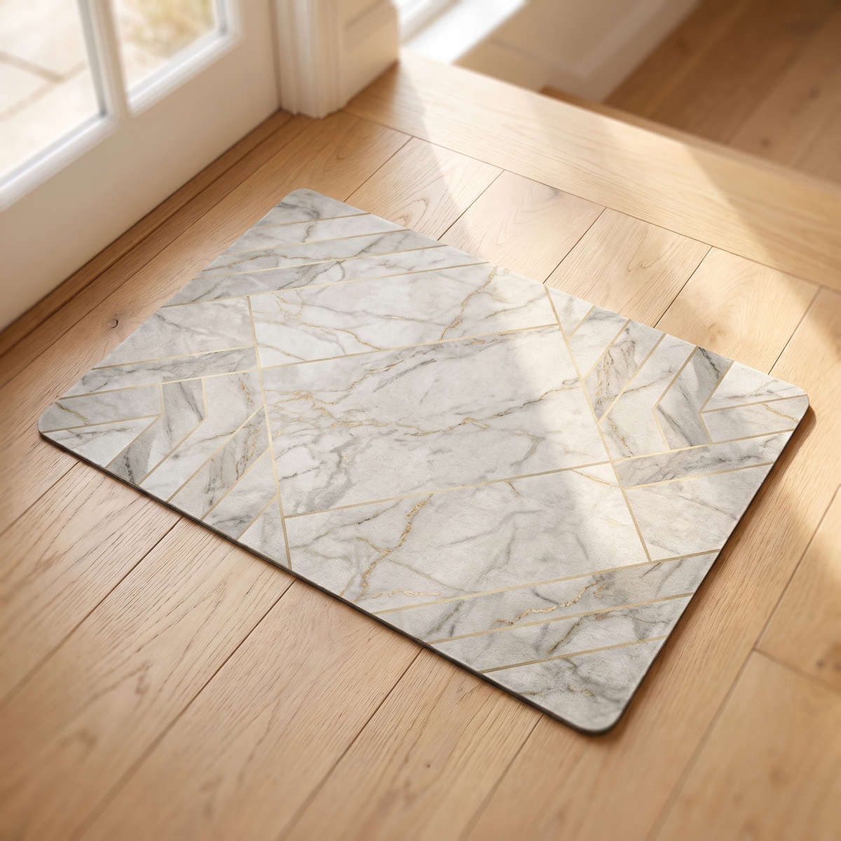 Grey marbled geometric doormat on a wooden hallway floor
