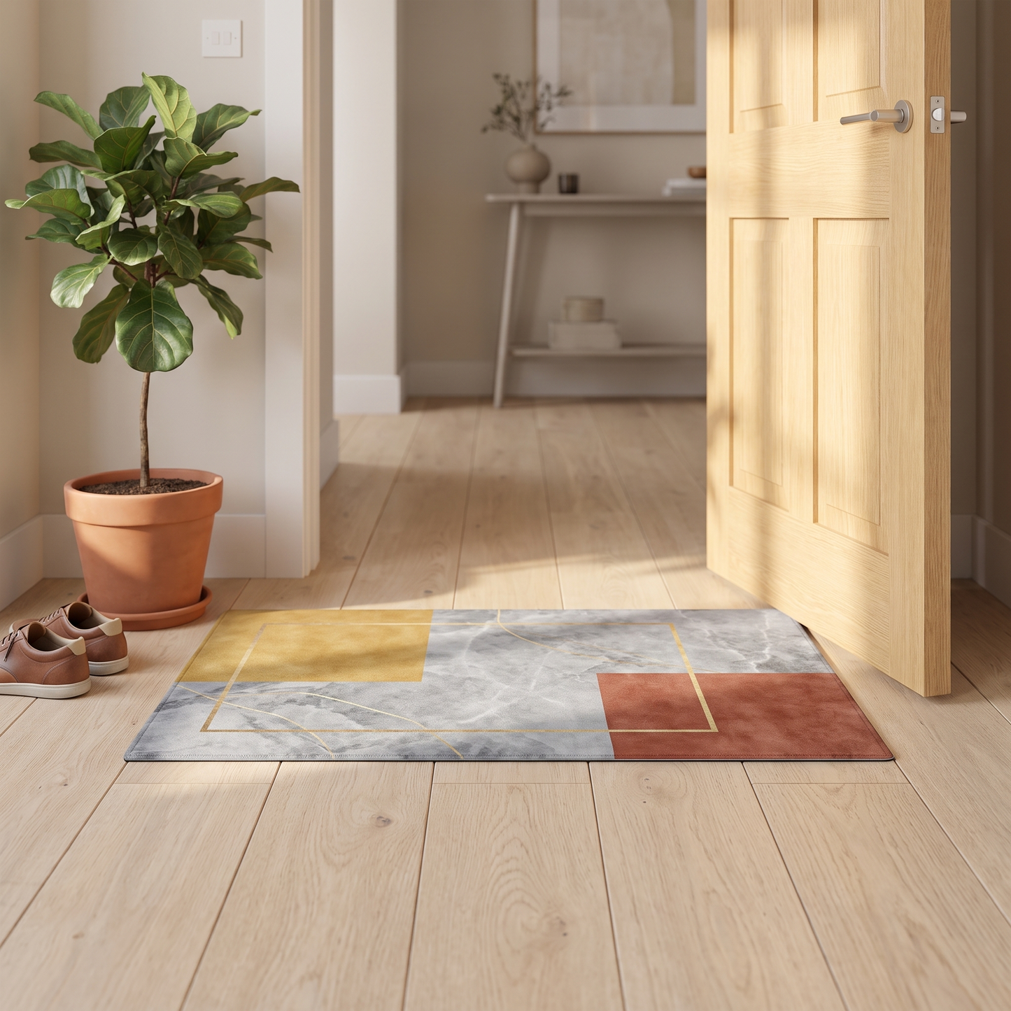 Geometric print doormat in mustard rust and grey in a hallway