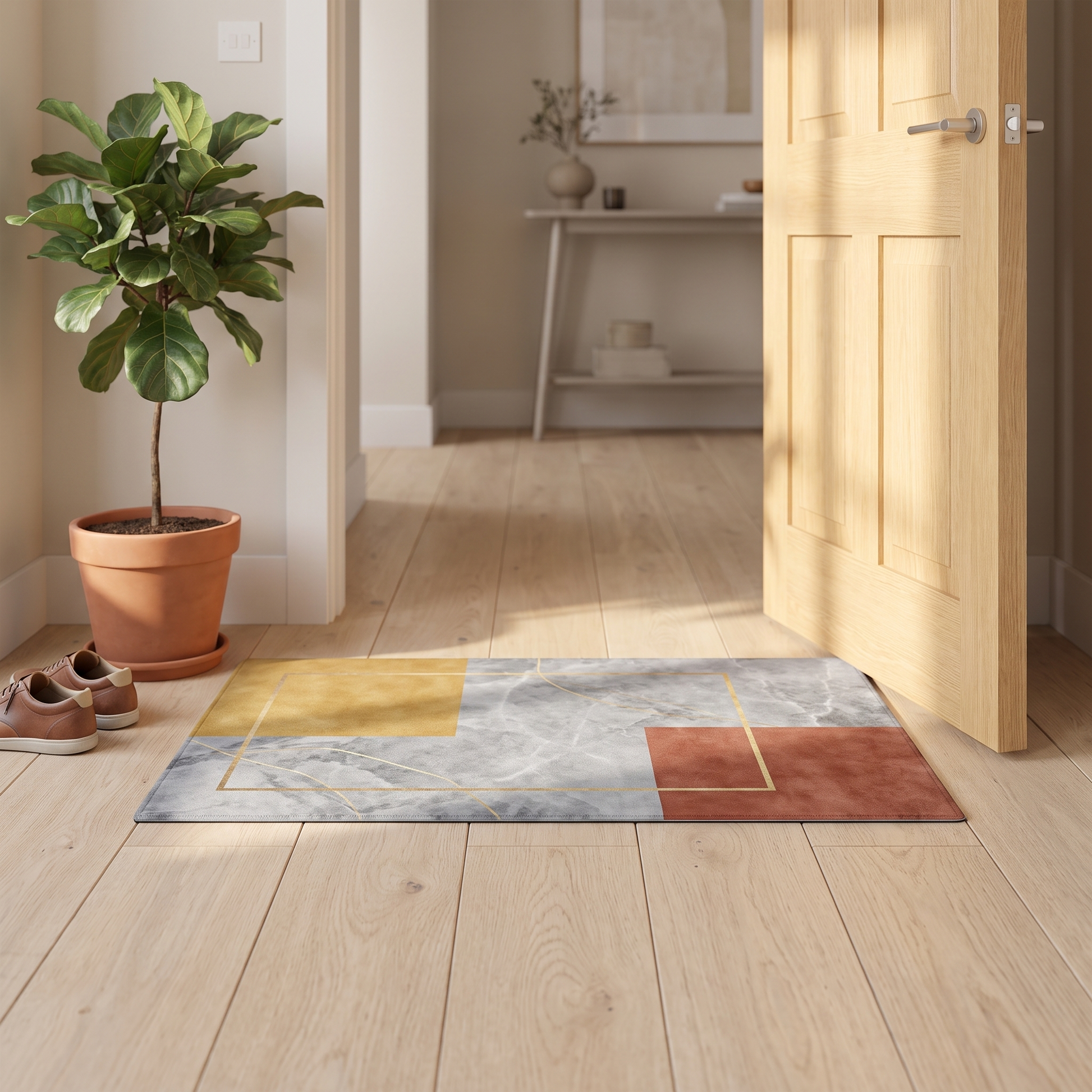 Geometric print doormat in mustard rust and grey in a hallway