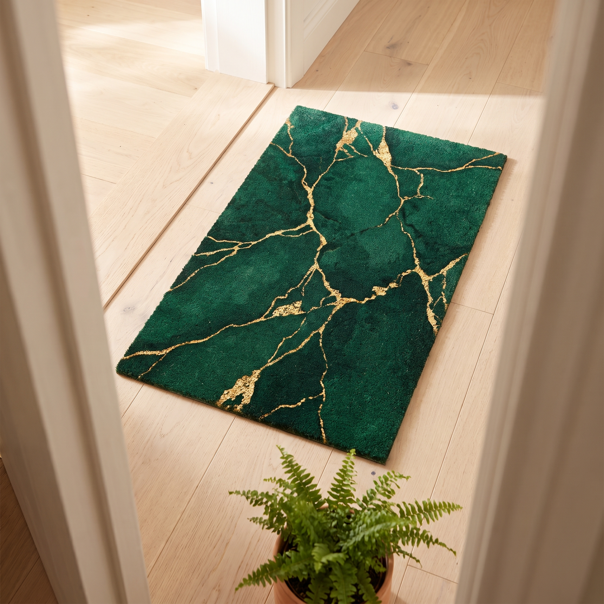 Emerald green doormat with gold veining on a wooden floor