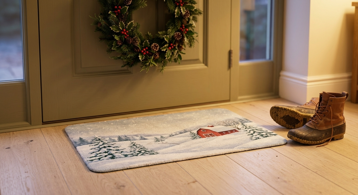Winter scene doormat inside a front door with a wreath