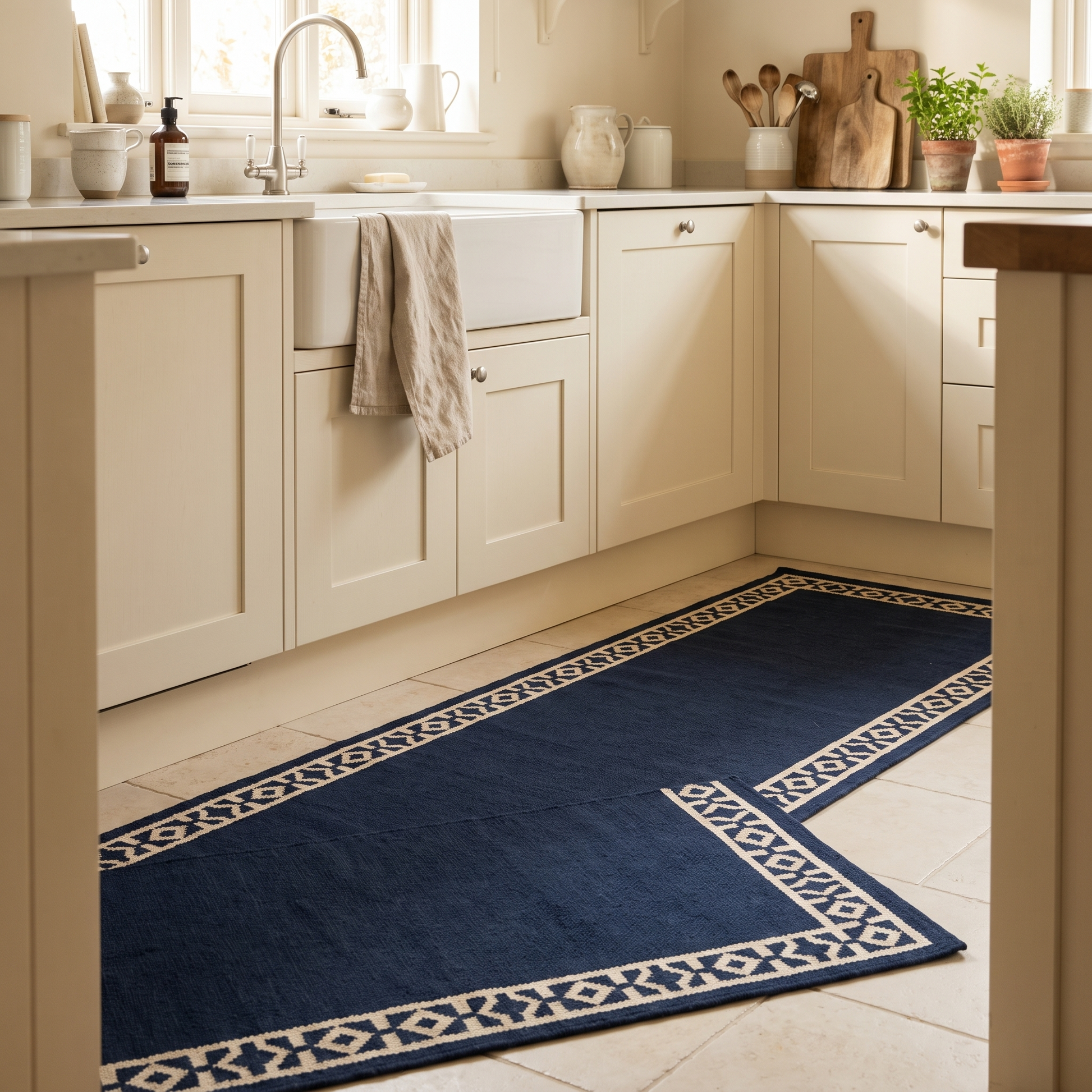 Navy kitchen runner mat with a cream kilim border in front of a sink