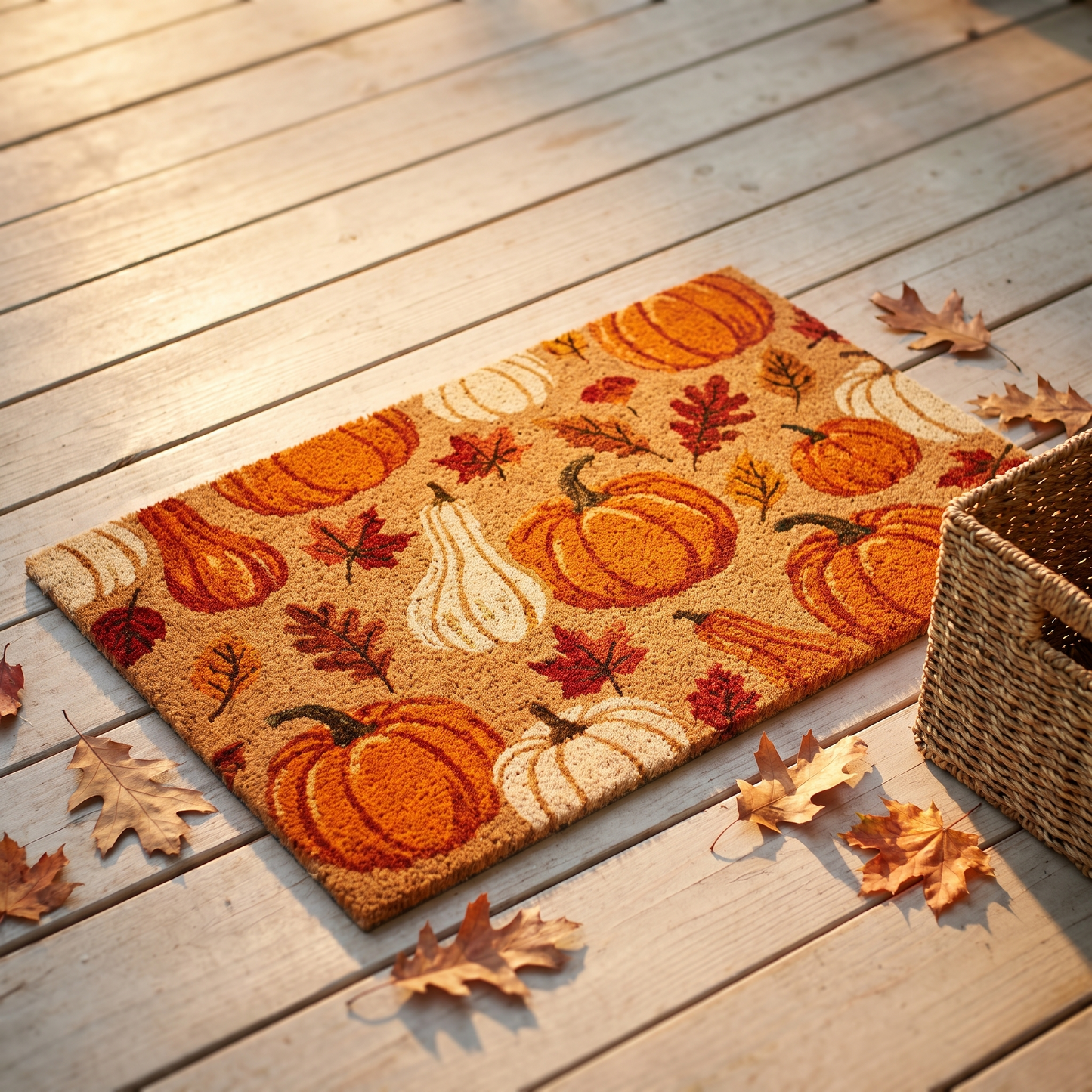 Autumn pumpkin doormat on a wooden porch with fallen leaves