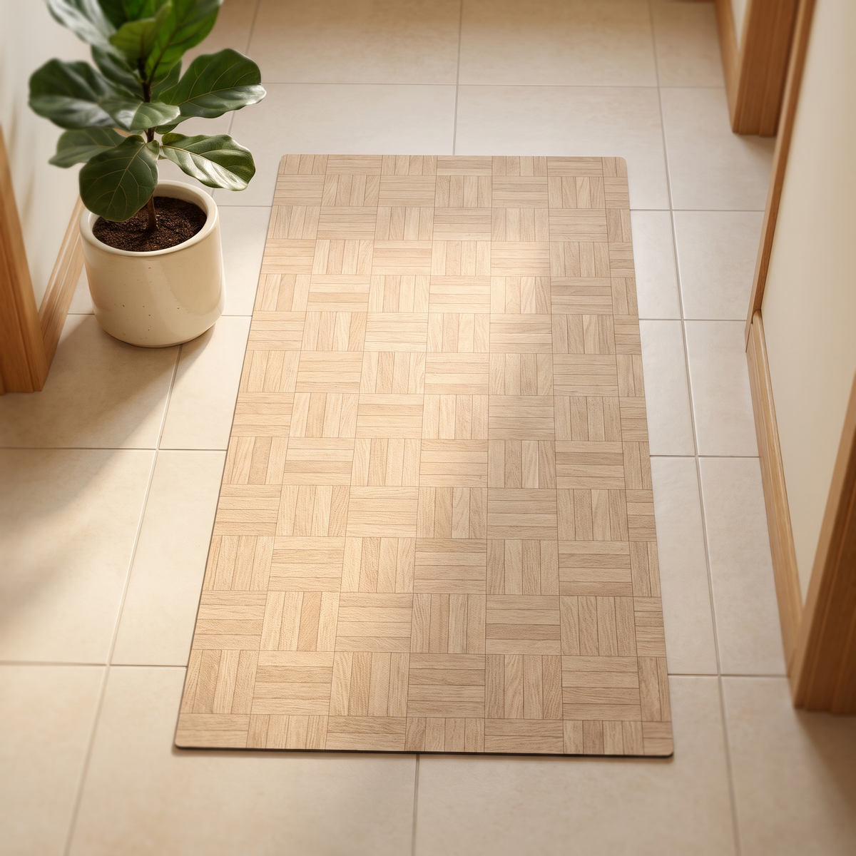 Pale parquet effect runner mat on a tiled hallway floor