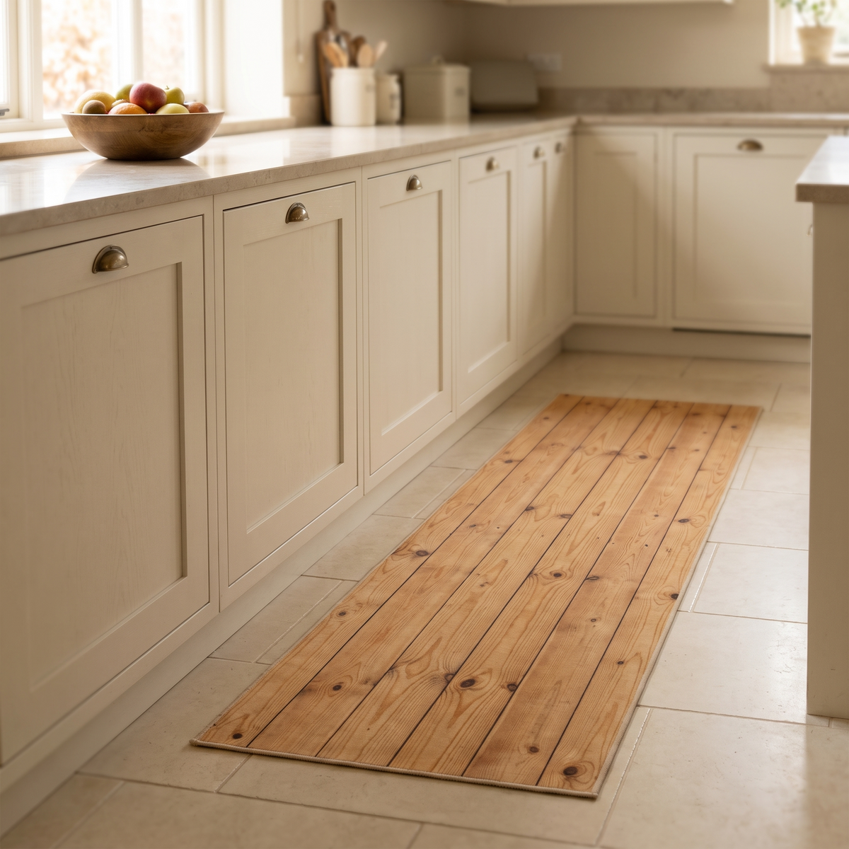 Pine plank effect runner mat along a cream kitchen