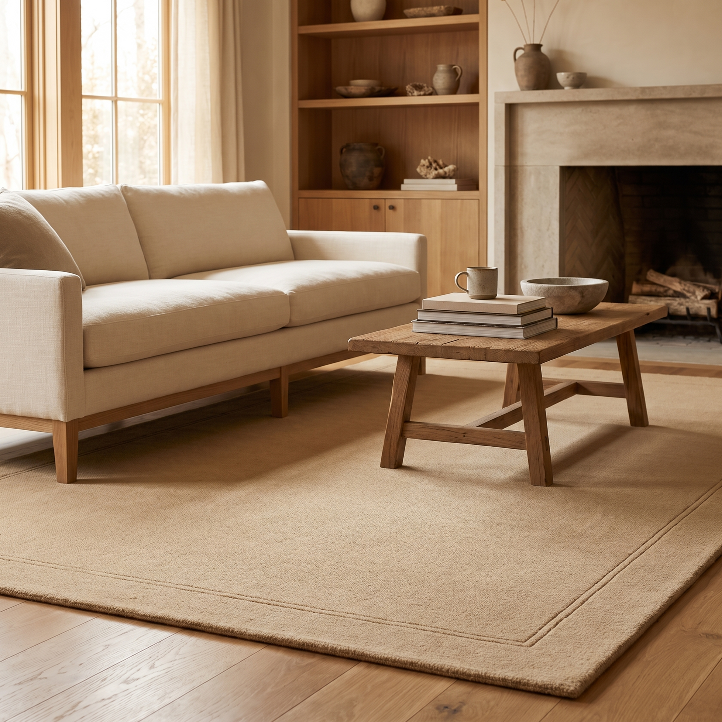 Wheat bordered area rug under a coffee table in a living room