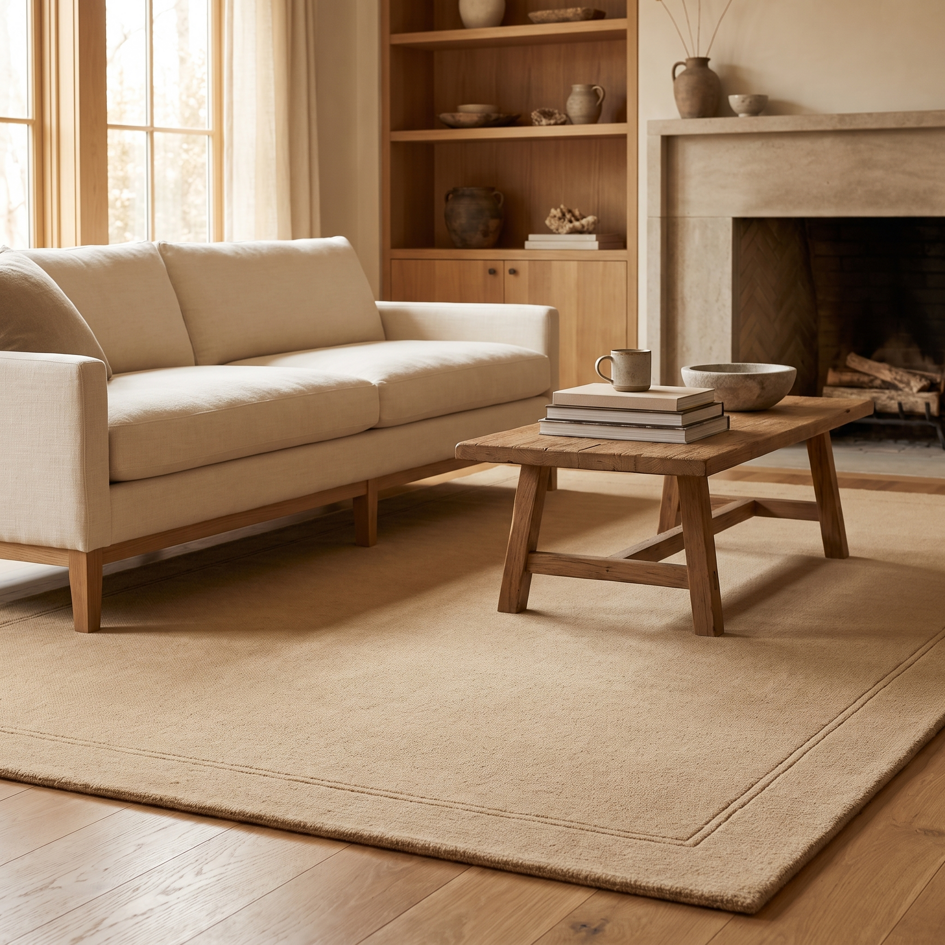 Wheat bordered area rug under a coffee table in a living room