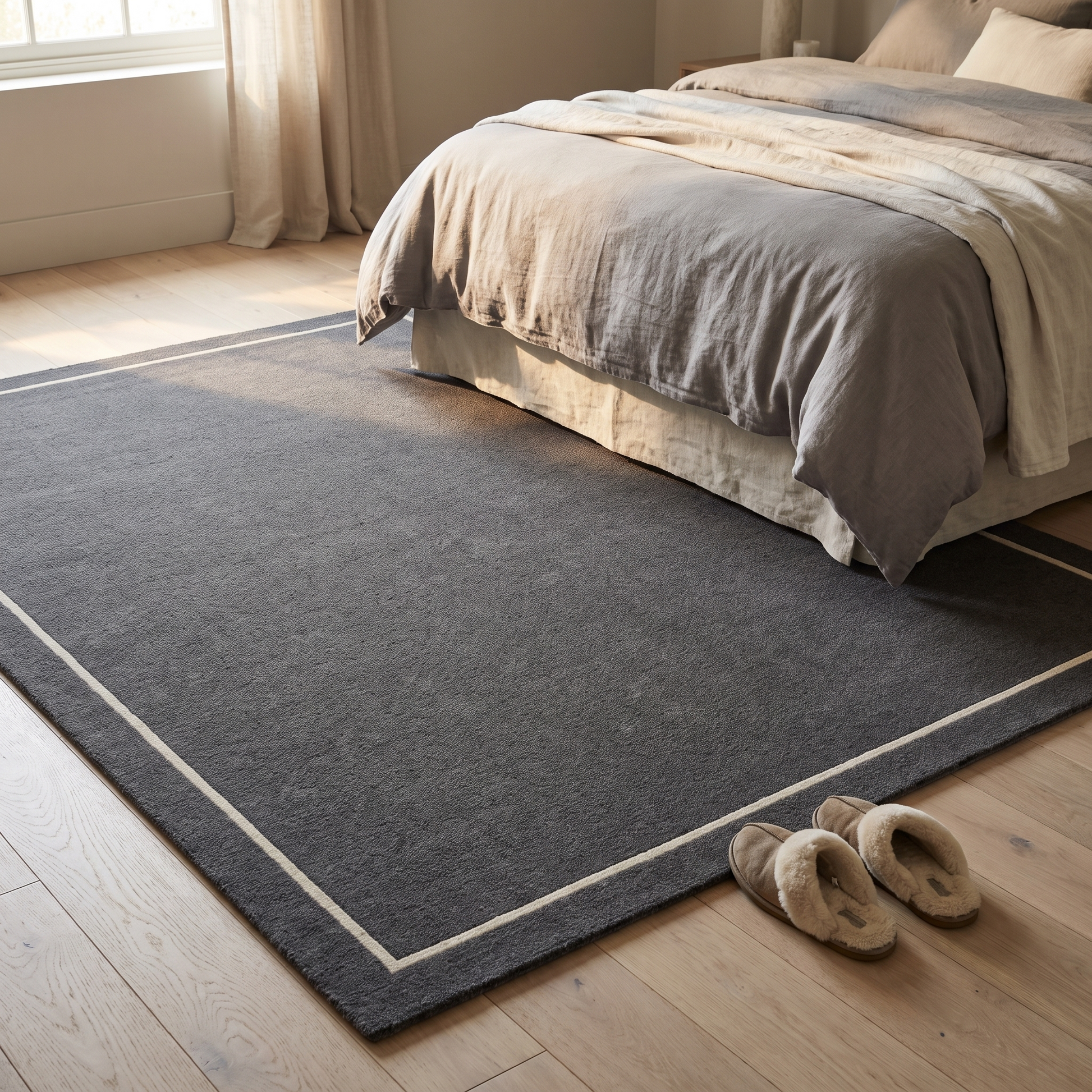 Charcoal bordered area rug beside a bed