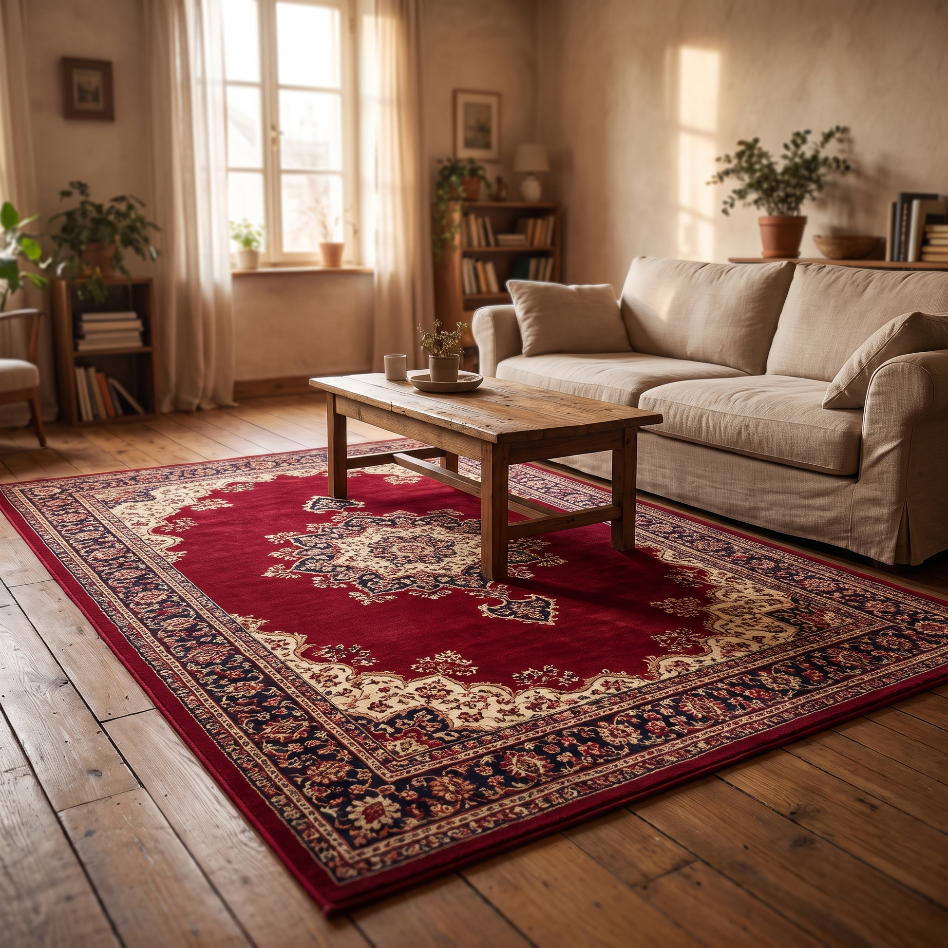 Crimson Persian style rug with a central medallion in a living room
