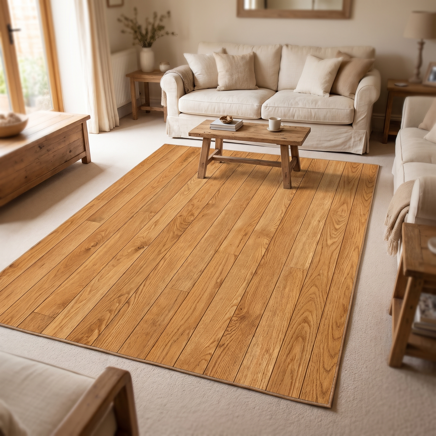 Honey oak plank print area rug in a living room