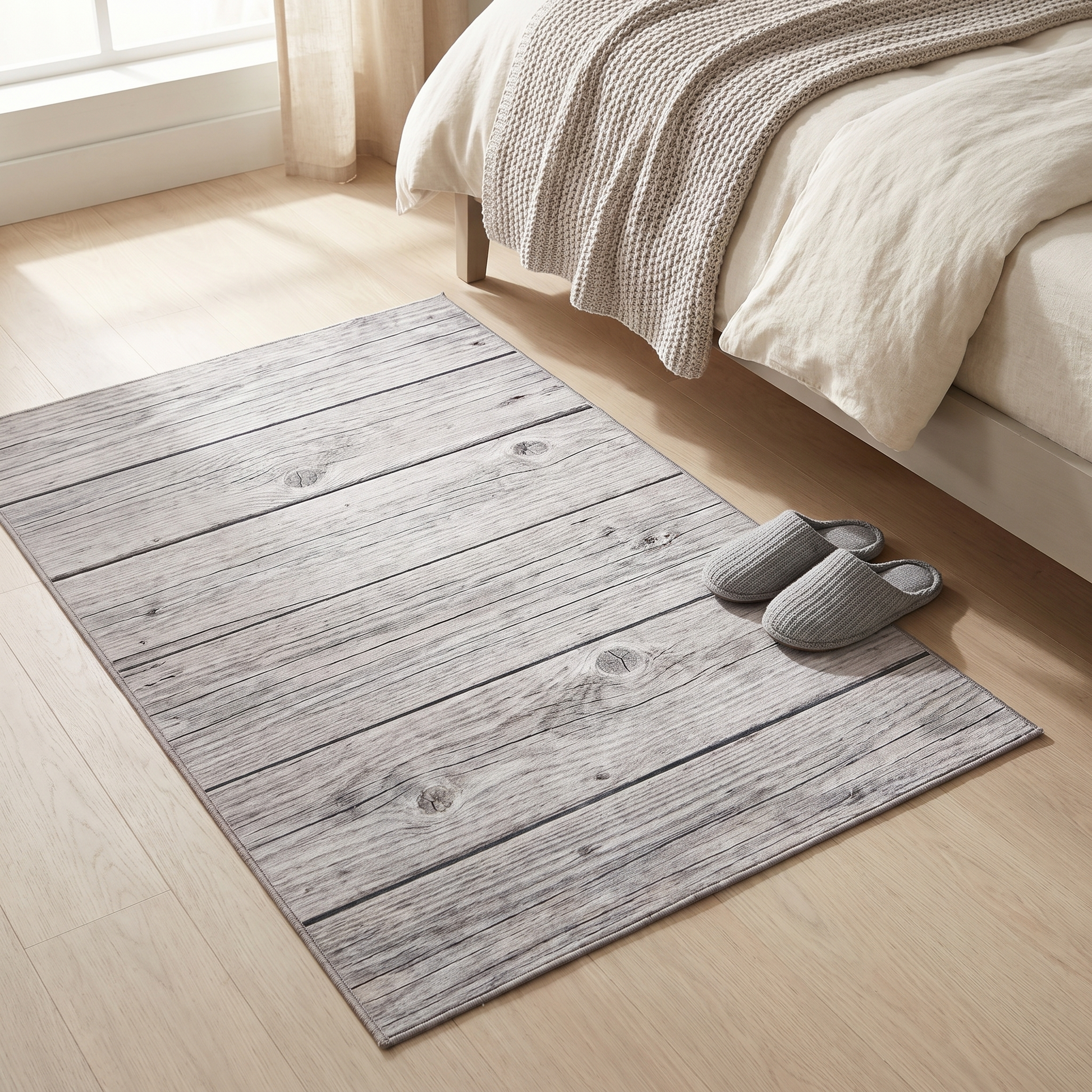 Grey driftwood plank print rug beside a bed
