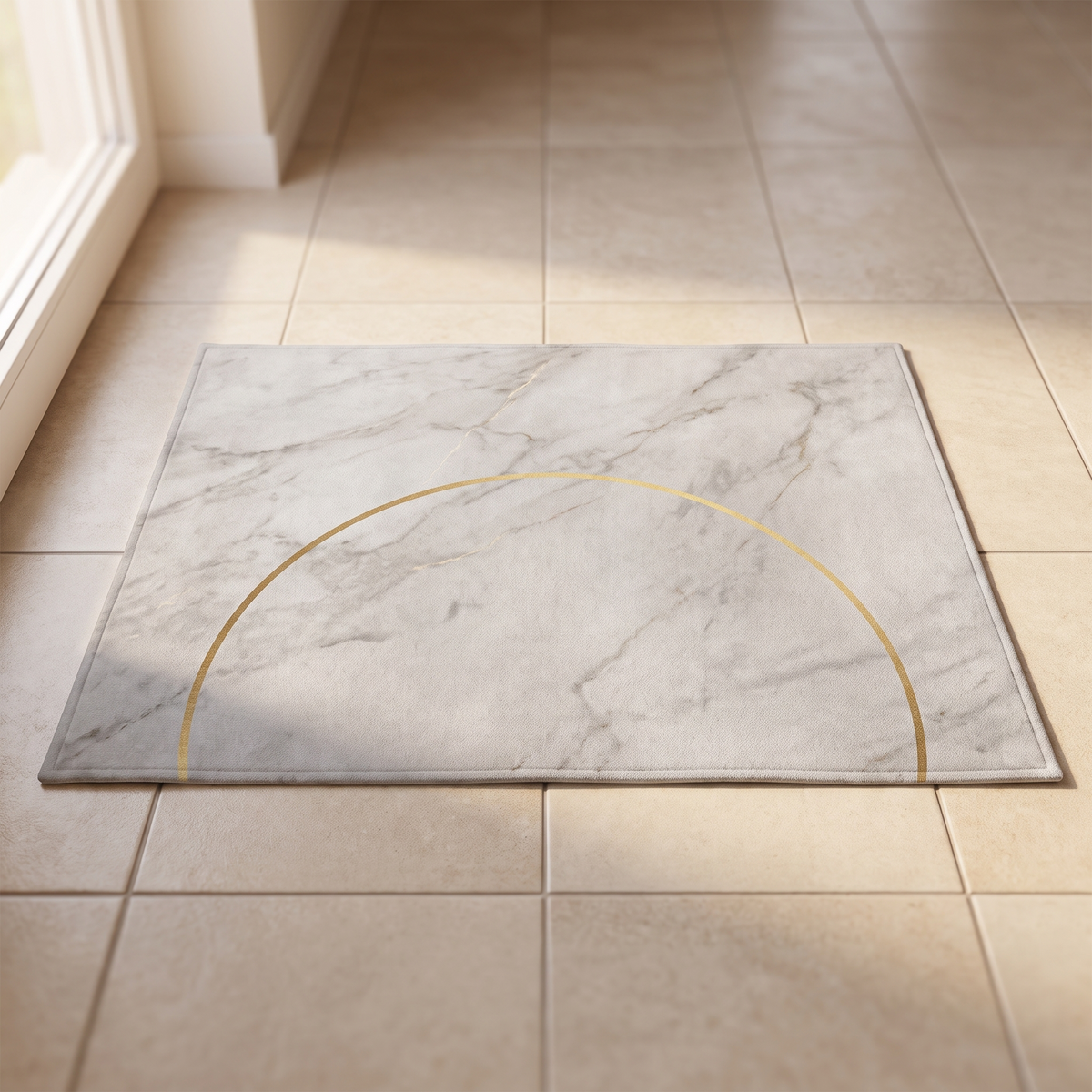 Grey marble entrance mat with a gold arc on a tiled hallway floor