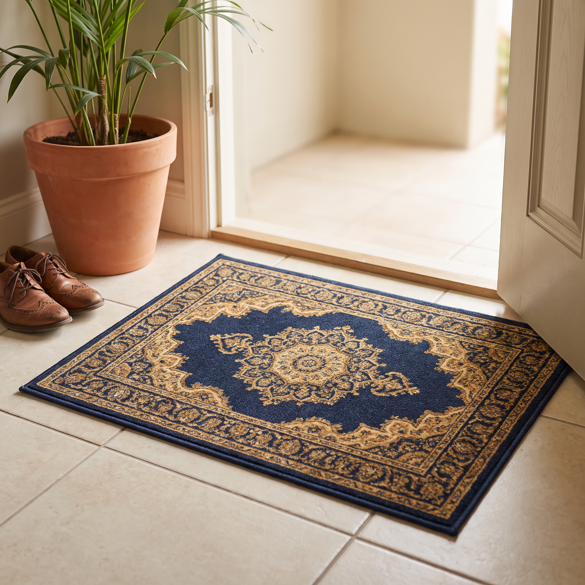 Navy and gold medallion entrance mat inside a front door