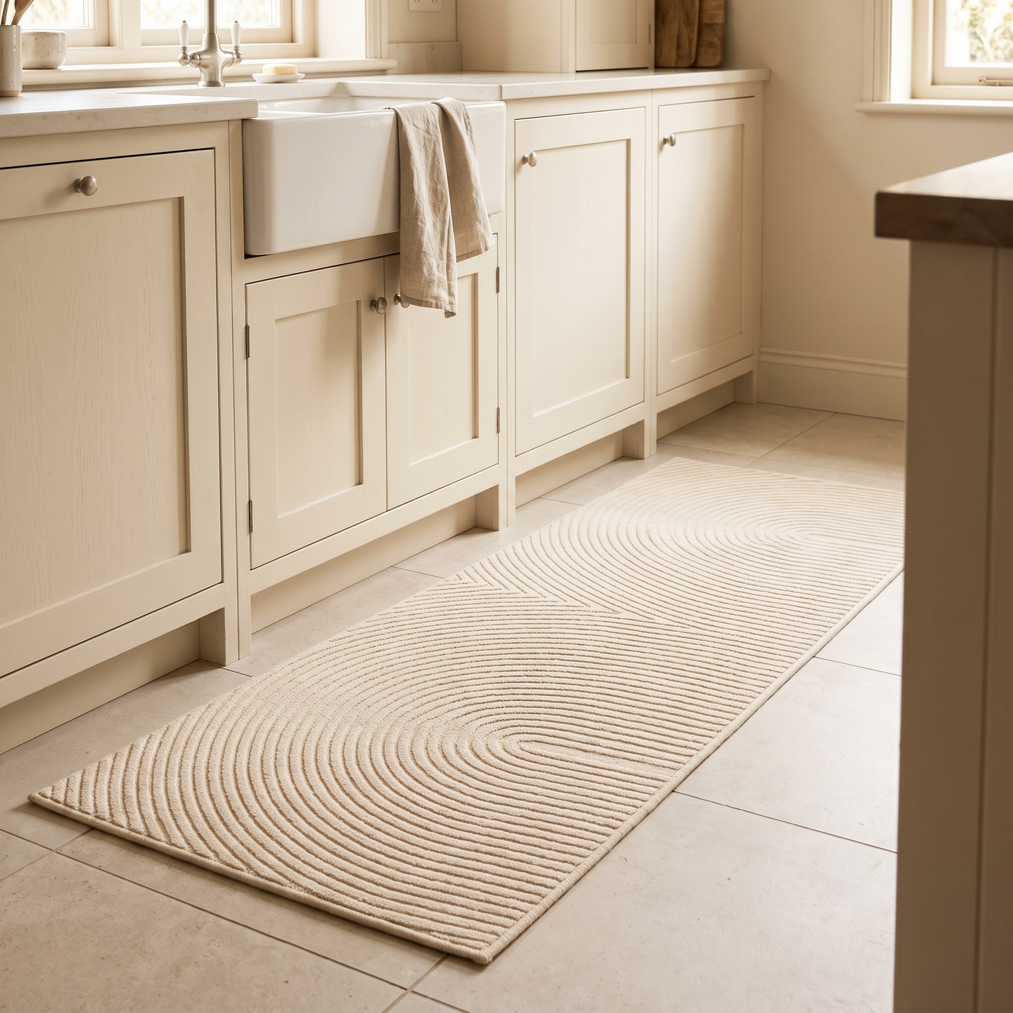 Cream kitchen mat with raised arc lines in front of a sink