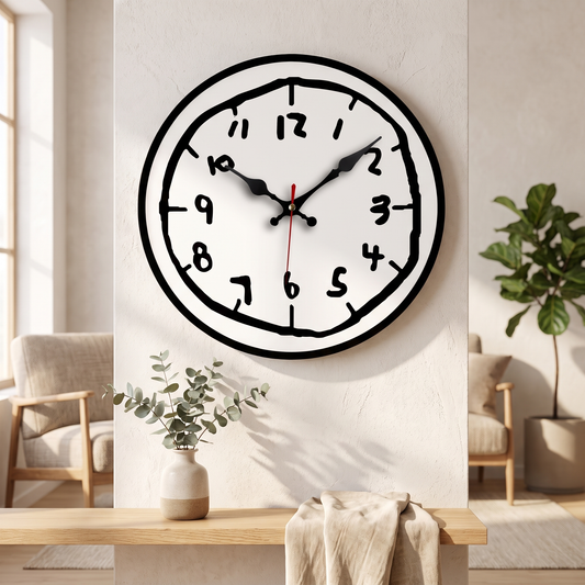 Hand Drawn Wooden Silent Wall Clock – wall clock photo 1