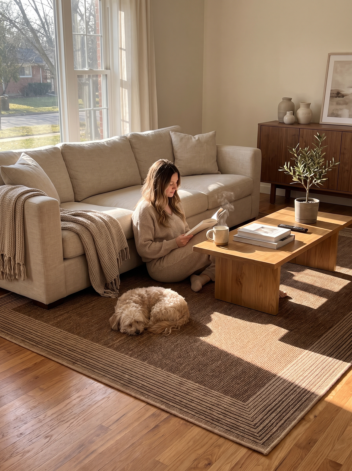 Bordered Area Rug: Pulls the furniture together